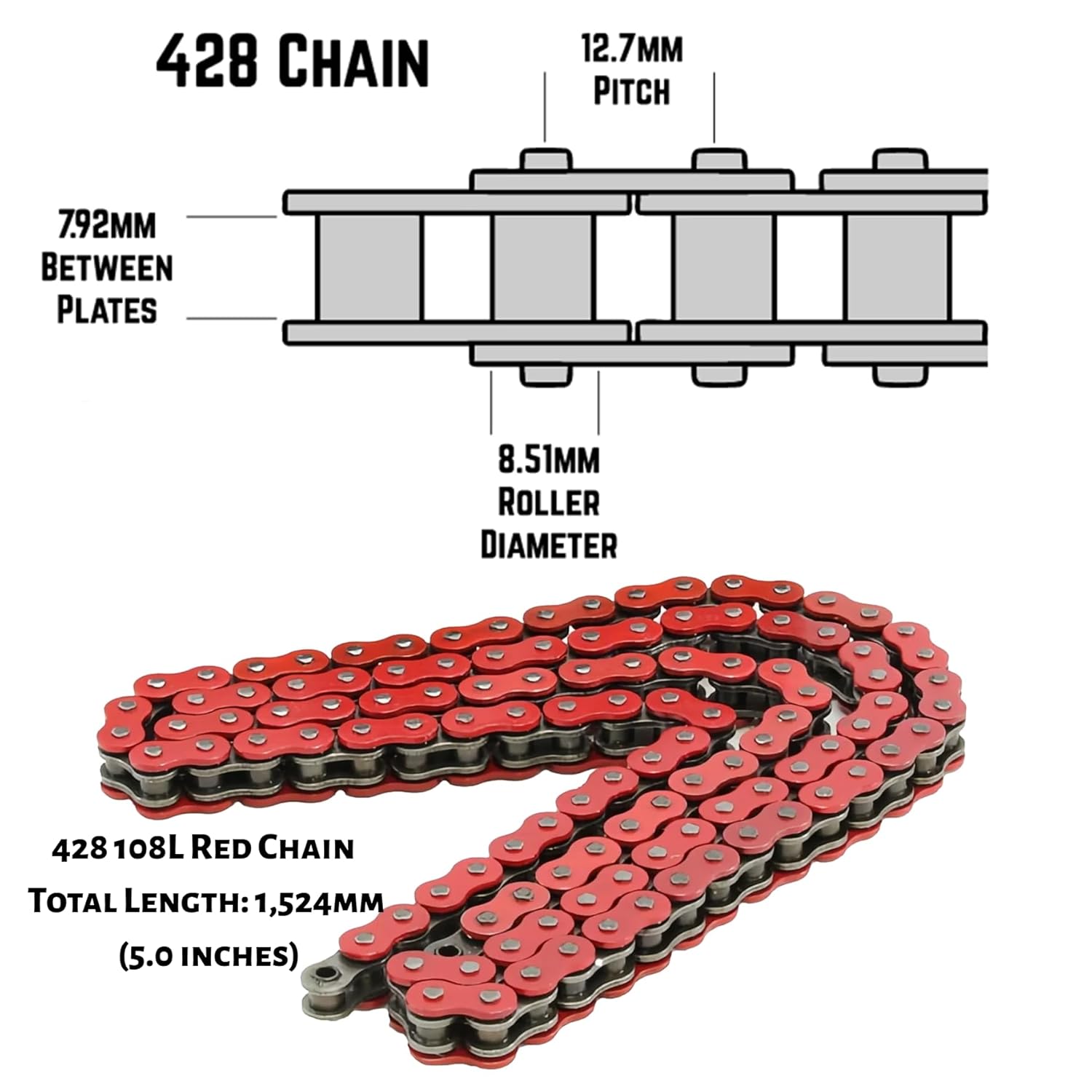 DREAM MOTION Motorcycle 428 Chain 108 Links Drive Chain Transmission System Parts for Honda Kawasaki Yamaha 125cc ~ 250cc SSR YCF Street Bike Quad Scooter ATV Dirt Pit Bike Accessories (Red)