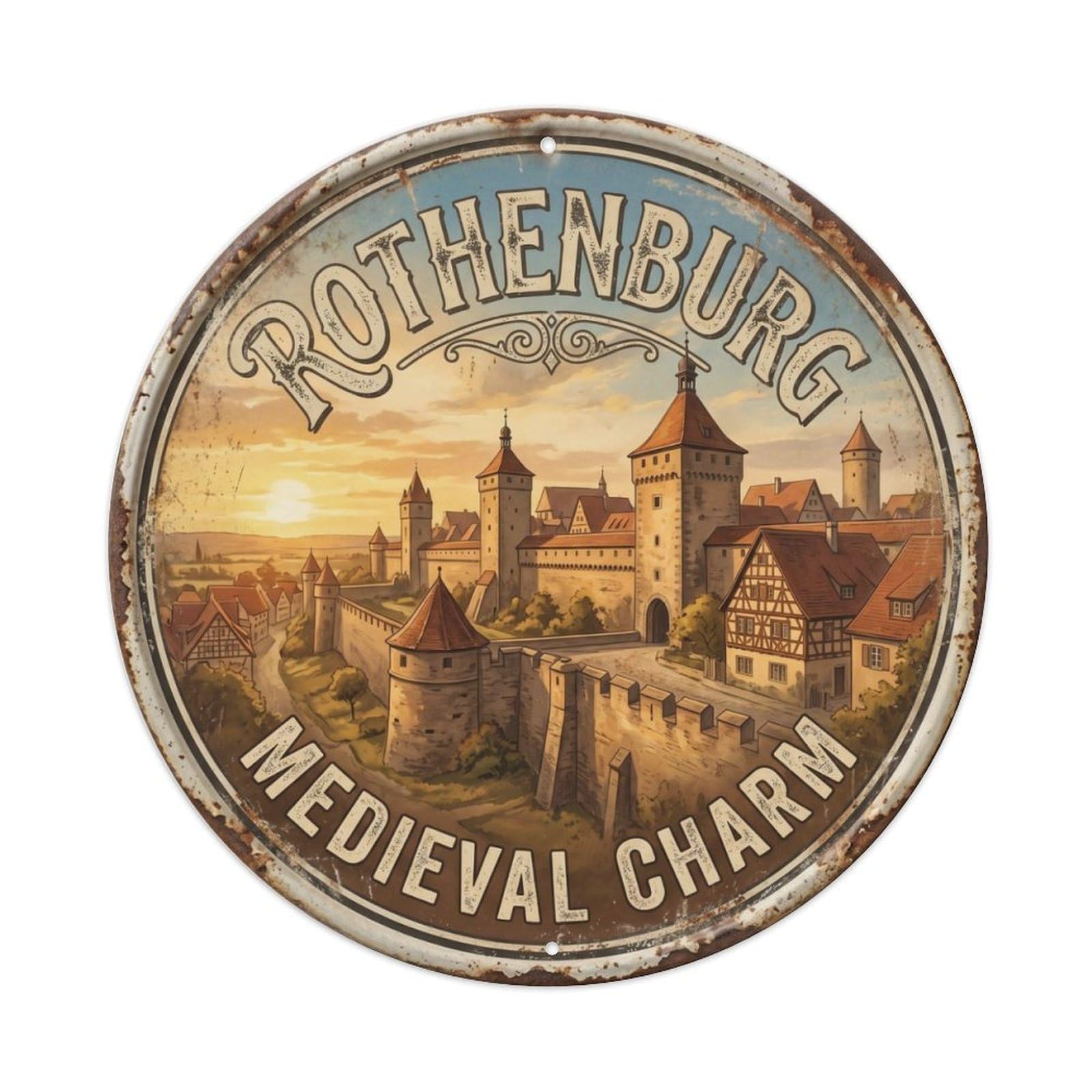 Vintage Travel Rothenburg Germany Medieval Metal Tin Sign Plaque Wall Decor for Cafe, Club, Garden Round Metal Poster 8x8Inch