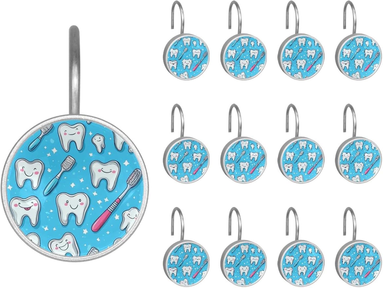 Set of 12 Shower Curtain Hooks, Shower Curtain Rings Crystal Glass Decorative Bathroom Hook, Cute Teeth
