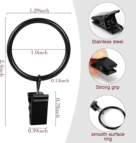 Miniatura 10 de Paquete de 36 ganchos para cortina de ducha, clips de metal, anillos de cortina con clips, anillos de cortina negros, clips de barra de cortina para