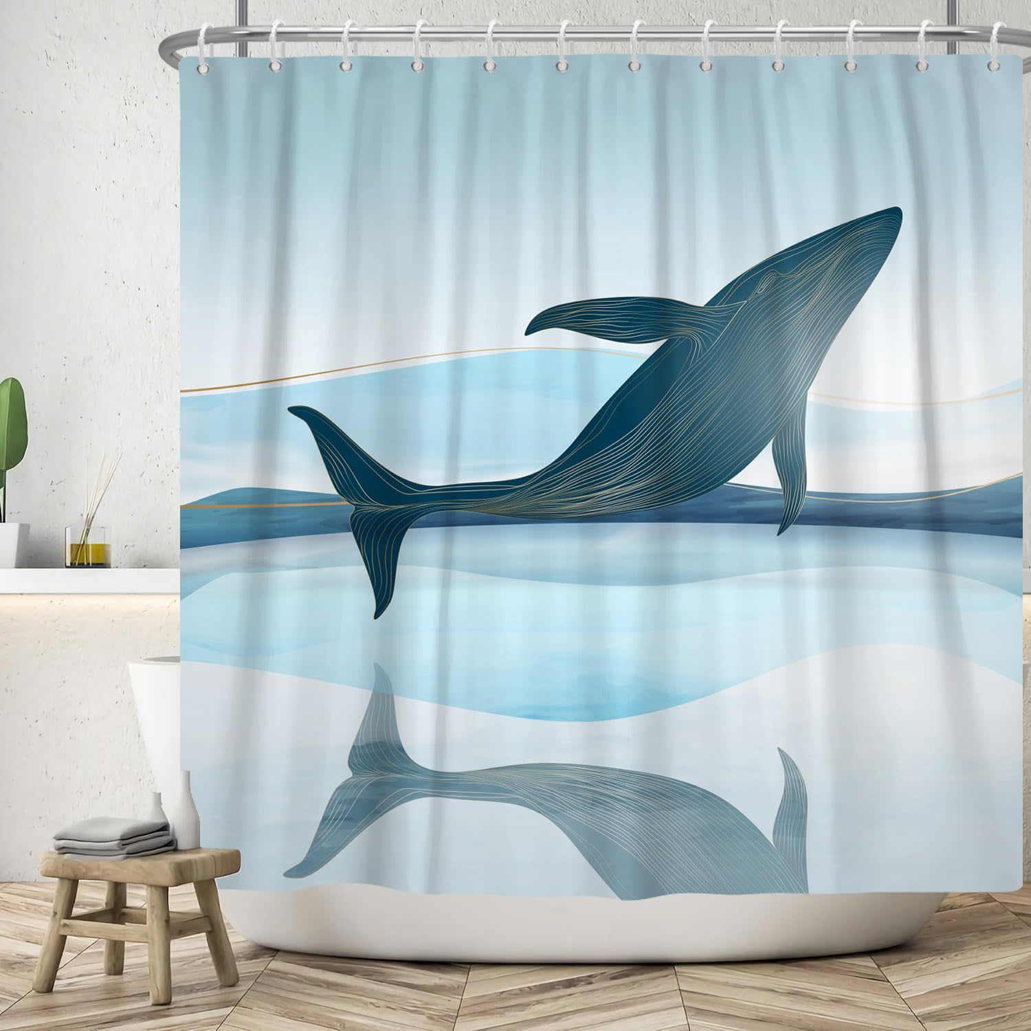 ASDCXZ Fish Shower Curtain 120x200 cm, Modern Art Whale Gold Line Blue Ocean Sea Surface Bath Washable Shower Curtains Polyester Textile Waterproof Shower Curtain for Bathtub with 8 Hooks โ image 1