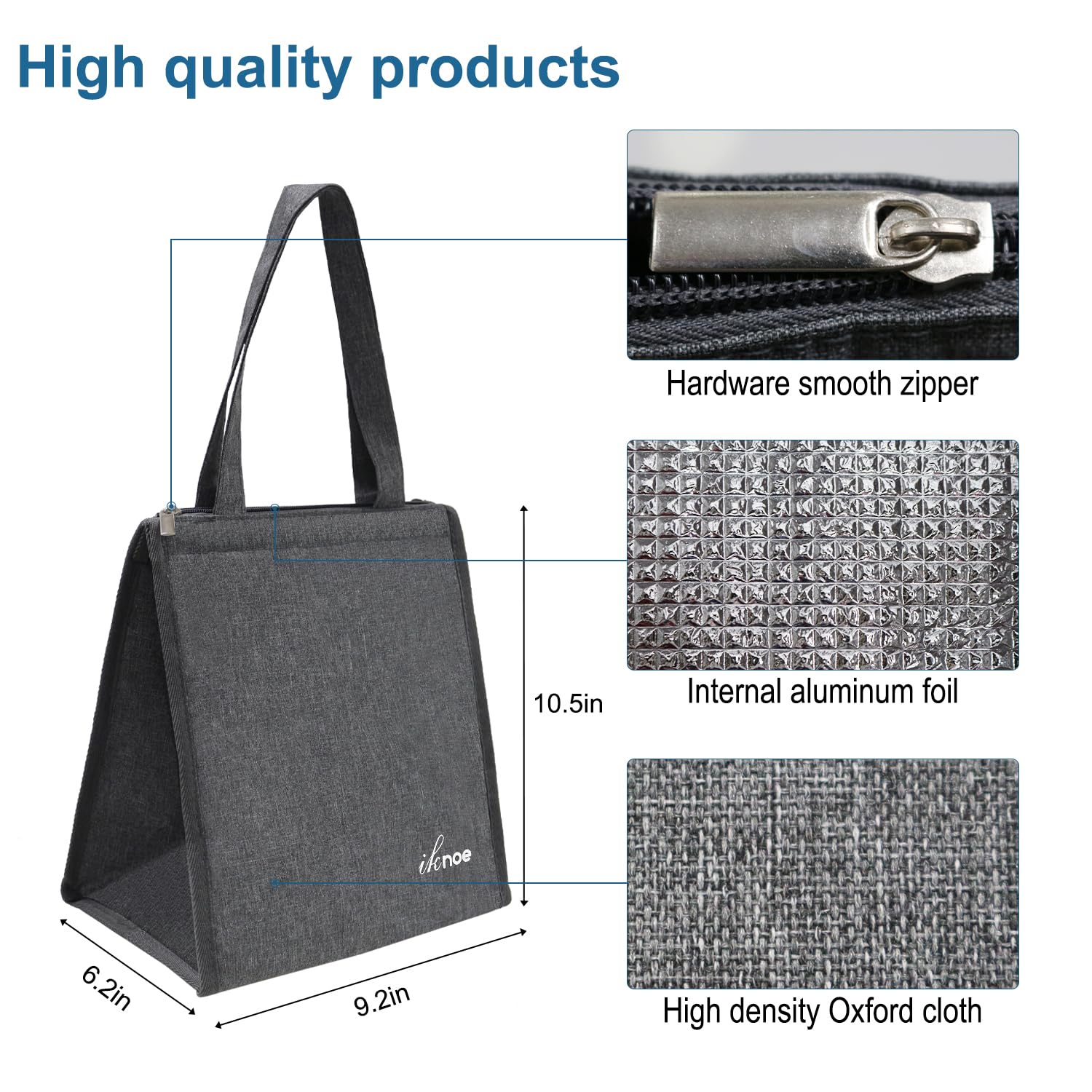 iknoe Bolsa de almuerzo aislada para mujeres y hombres, bolsa de almuerzo reutilizable de 9 litros, portátil para adultos, térmica grande para el trabajo, picnic, playa (gris liso)