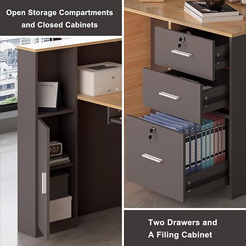 Vista 4 de Escritorio de recepción en forma de L con cajones con cerradura, archivador ajustable y bandeja para teclado, mostrador frontal moderno