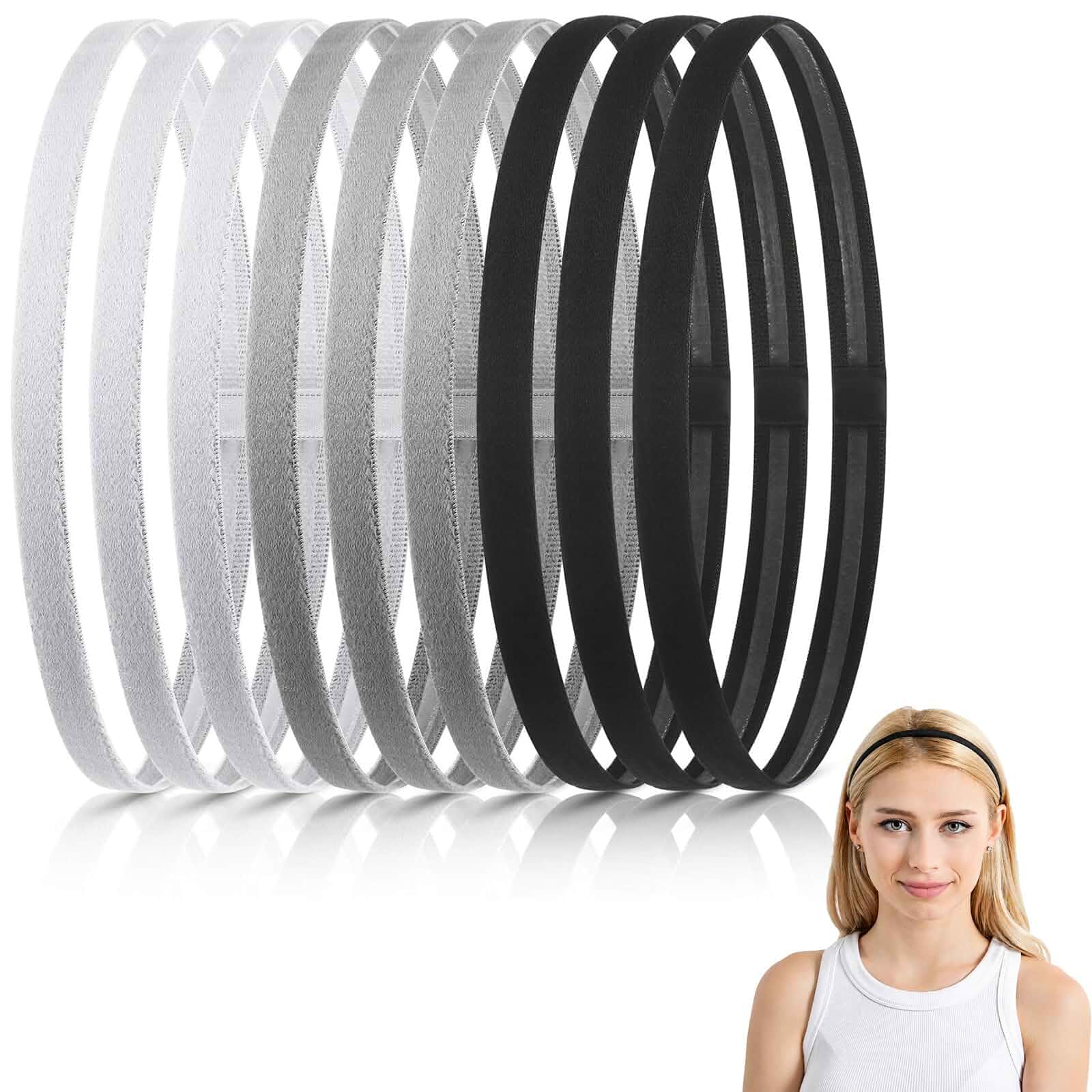 WILLBOND 12 Pcs Thin Sport Elastic Headband Non Slip Skinny Athletic Exercise Hairband Women Men Silicone Grip Hair Sweatband Yoga Workout Running Football Basketball Soccer Tennis(Black, White, Grey)