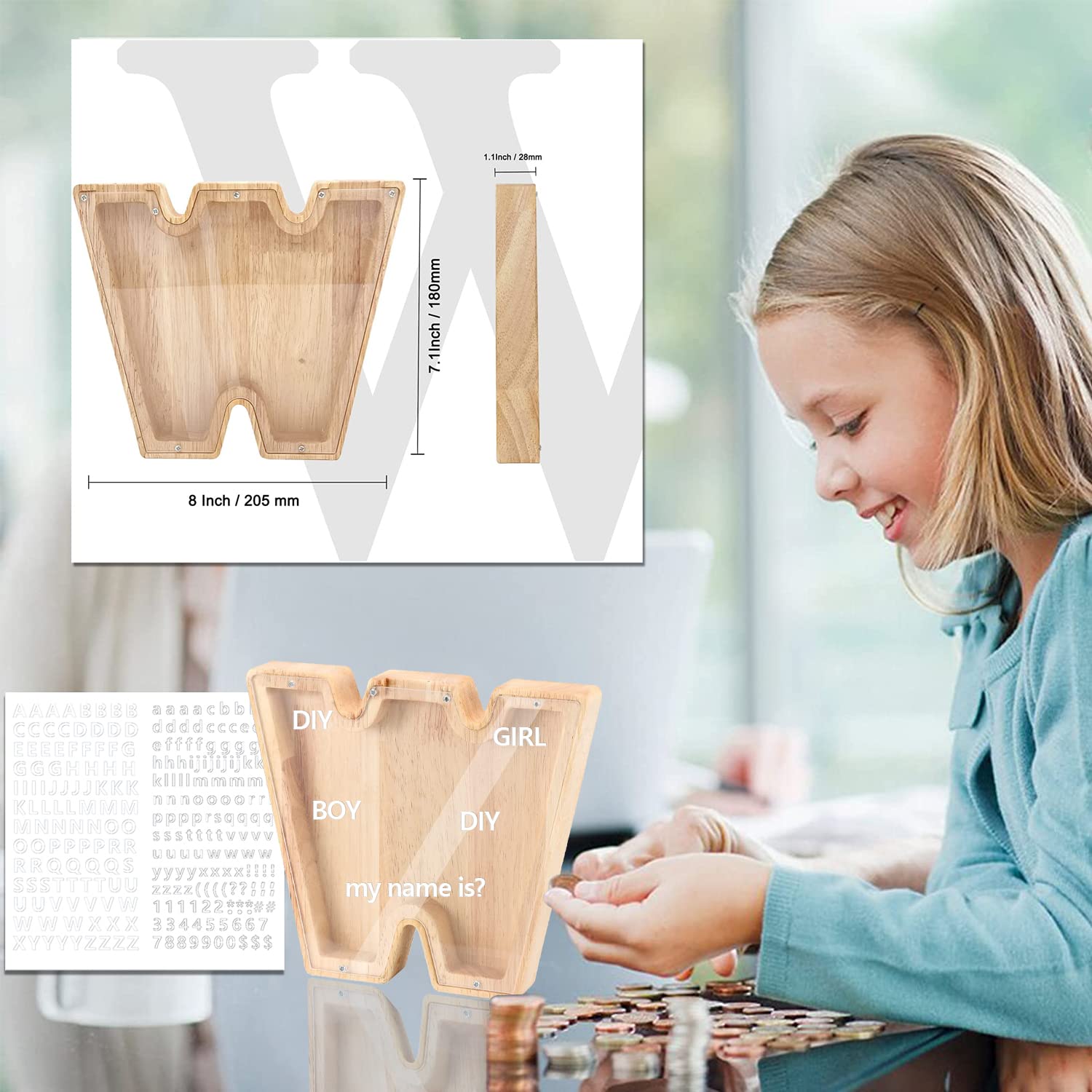 Tirelire En Bois Personnalisable LEcylankEr Avec Lettres A-Z - Panneau Transparent, Ouverture Par Vis - Cadeau Enfant