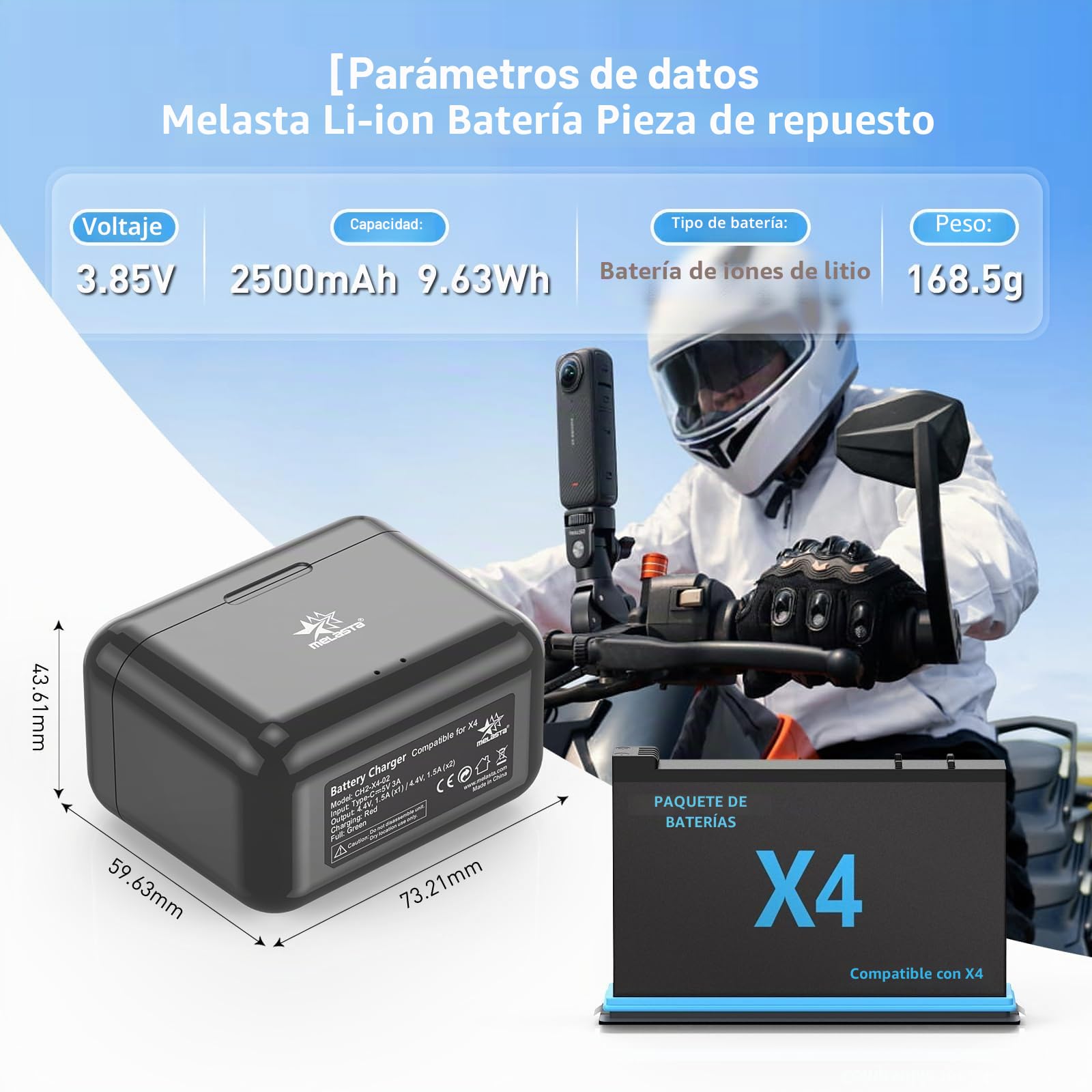 melasta Li-Ion Batería de Respuesto y Cargador para la Cámara Insta360 X4, 3.85V 2500mAh con 2 X Baterías y 1 X Cargador (Puertos Duales)