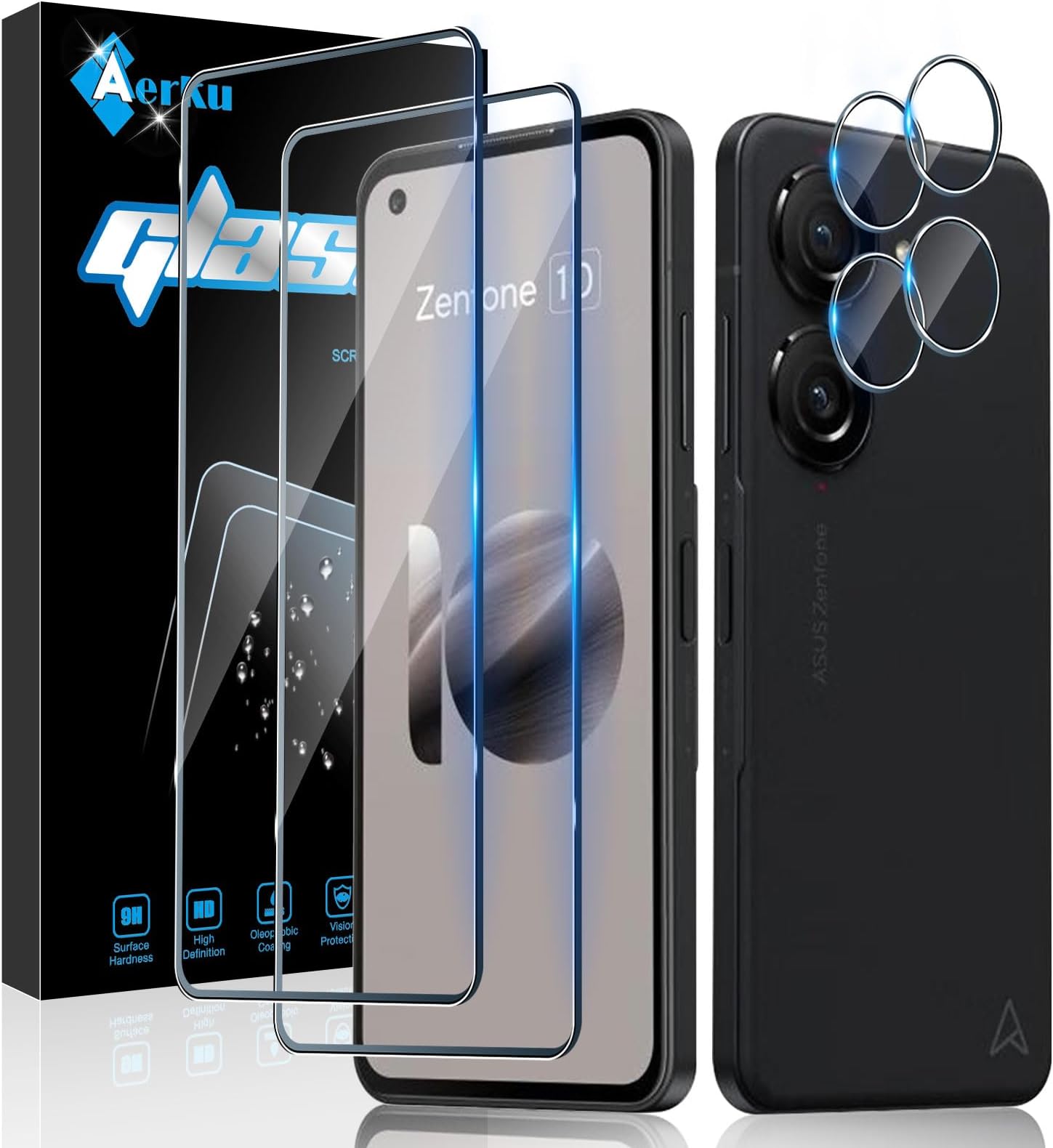 Screen Protector for Asus Zenfone 10 for Tempered Glass, Pack of 2 Protective Glass and 2 Camera Protection for Asus Zenfone 10, 0.33 mm HD Film, 9H Hardness, Anti-Scratch, Anti-Bubble, Tempered