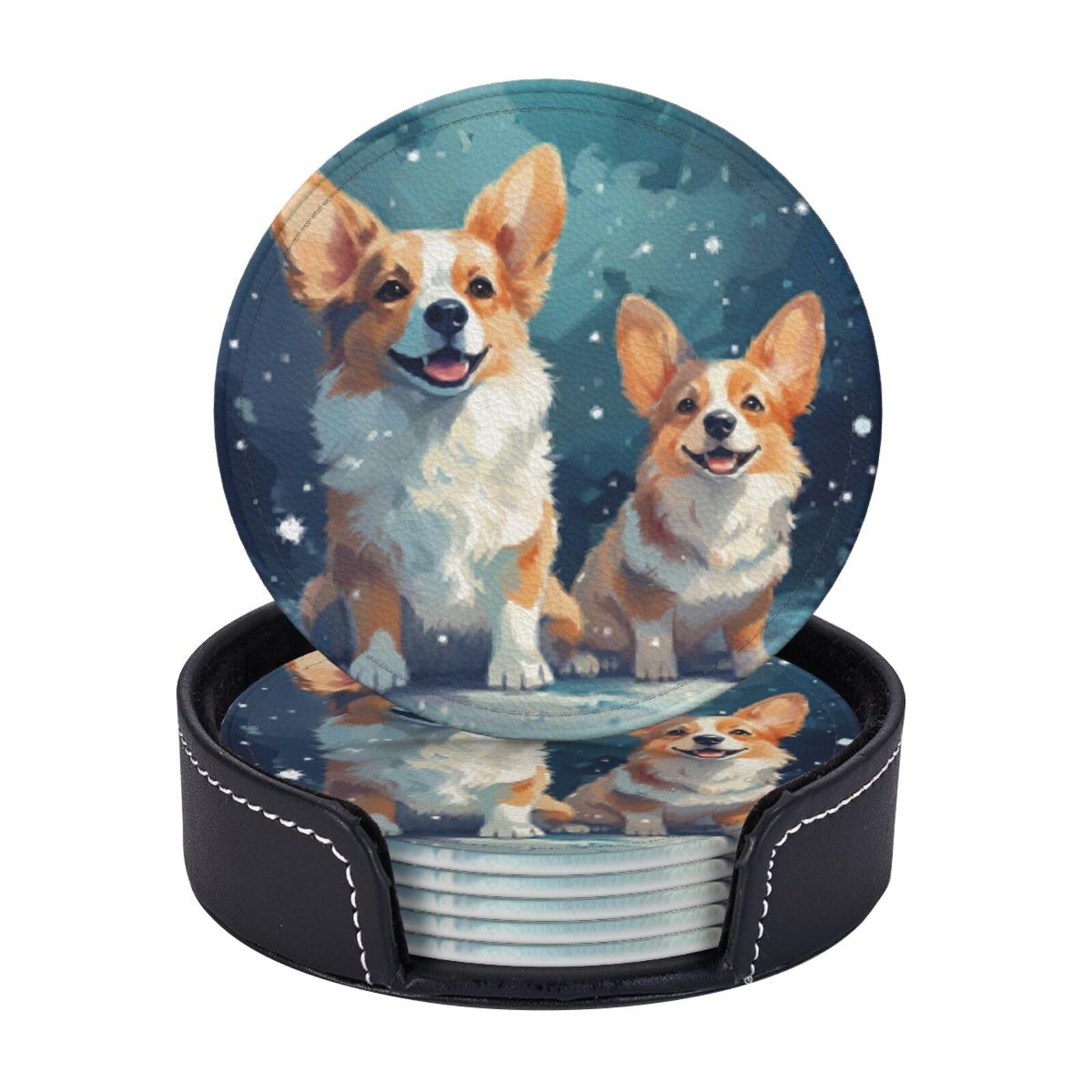 Drink Coasters 6 PCS Round Leather Coaster Cute Little Corgi Coasters for Drinks Non-Slip Mugs Pads with Holder Personalized Cups Pad Mat for Coffee Table Kitchen 10 CM