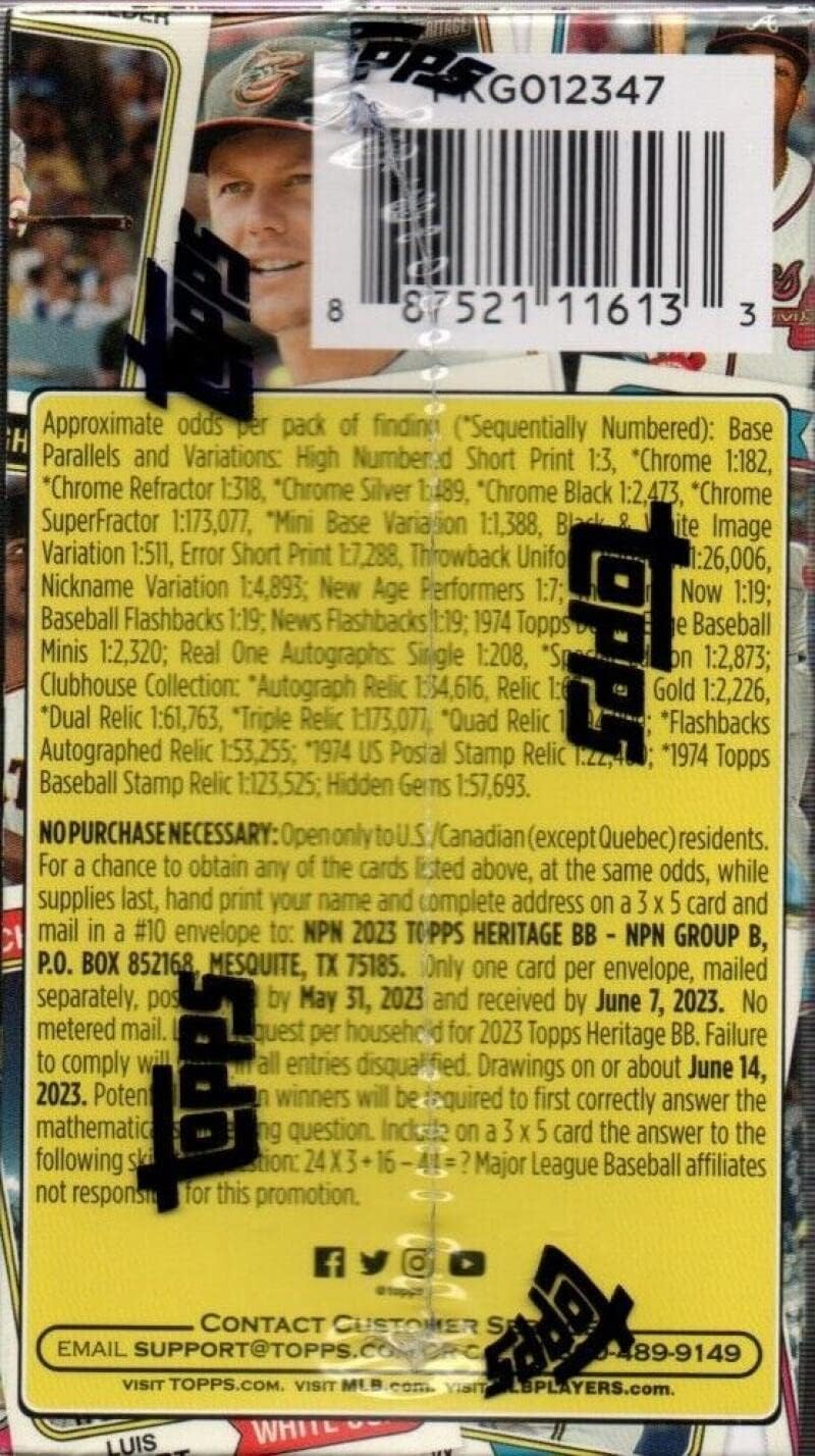 2023 Topps Heritage MLB Baseball Factory Sealed Blaster Box. 8 Packs of 9 Cards. Chase Possible Deckle Edge Minis, Hidden Gems, Real One Autographs and relics of a generational rookie class. See Scans for more info on this great product.