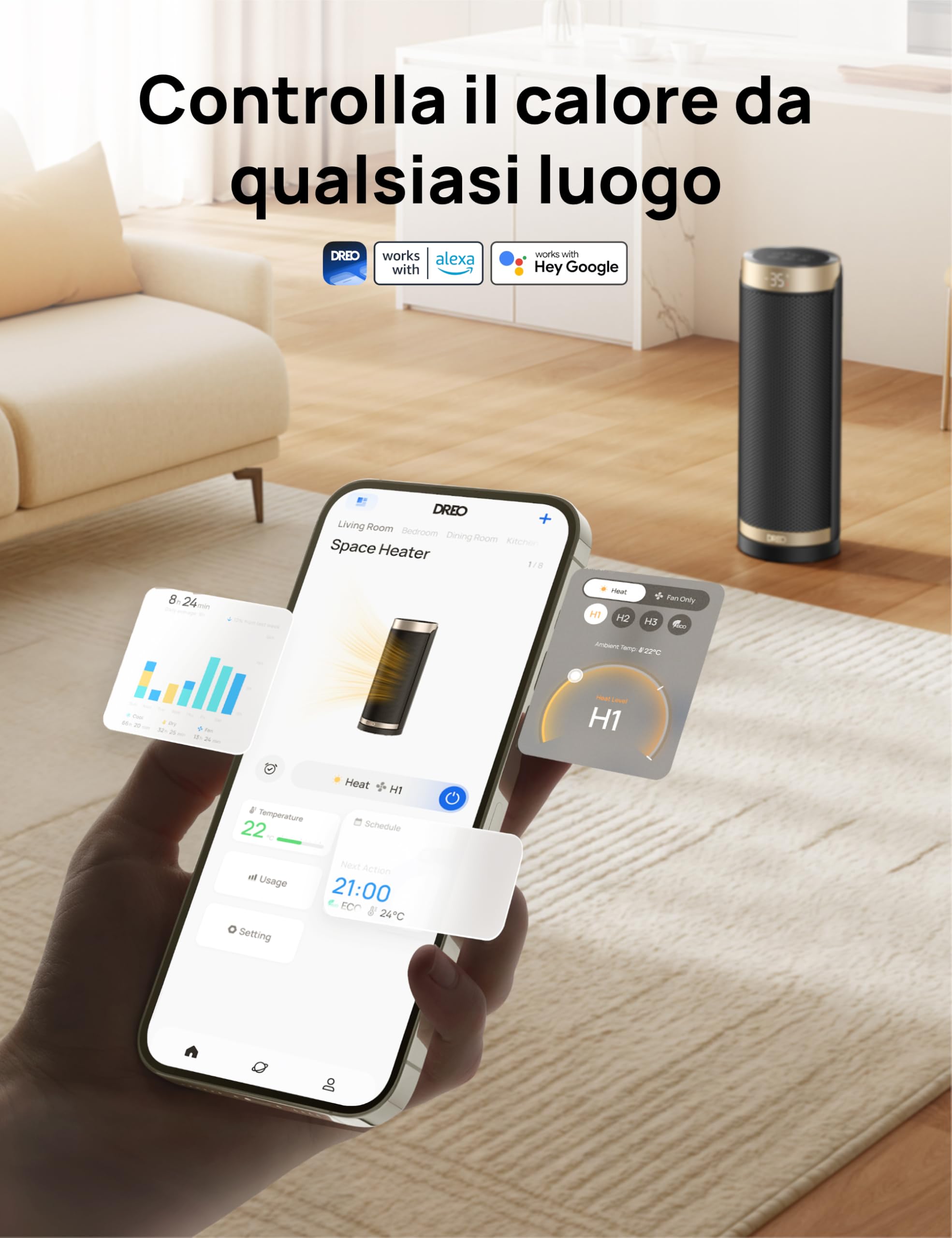 Dreo Termoventilatore intelligente da 2000 W, per camera da letto, 16 pollici, con oscillazione di 70°, termostato e telecomando, 3 modalità, 3 velocità, timer da 12 ore, riscaldamento elettrico per