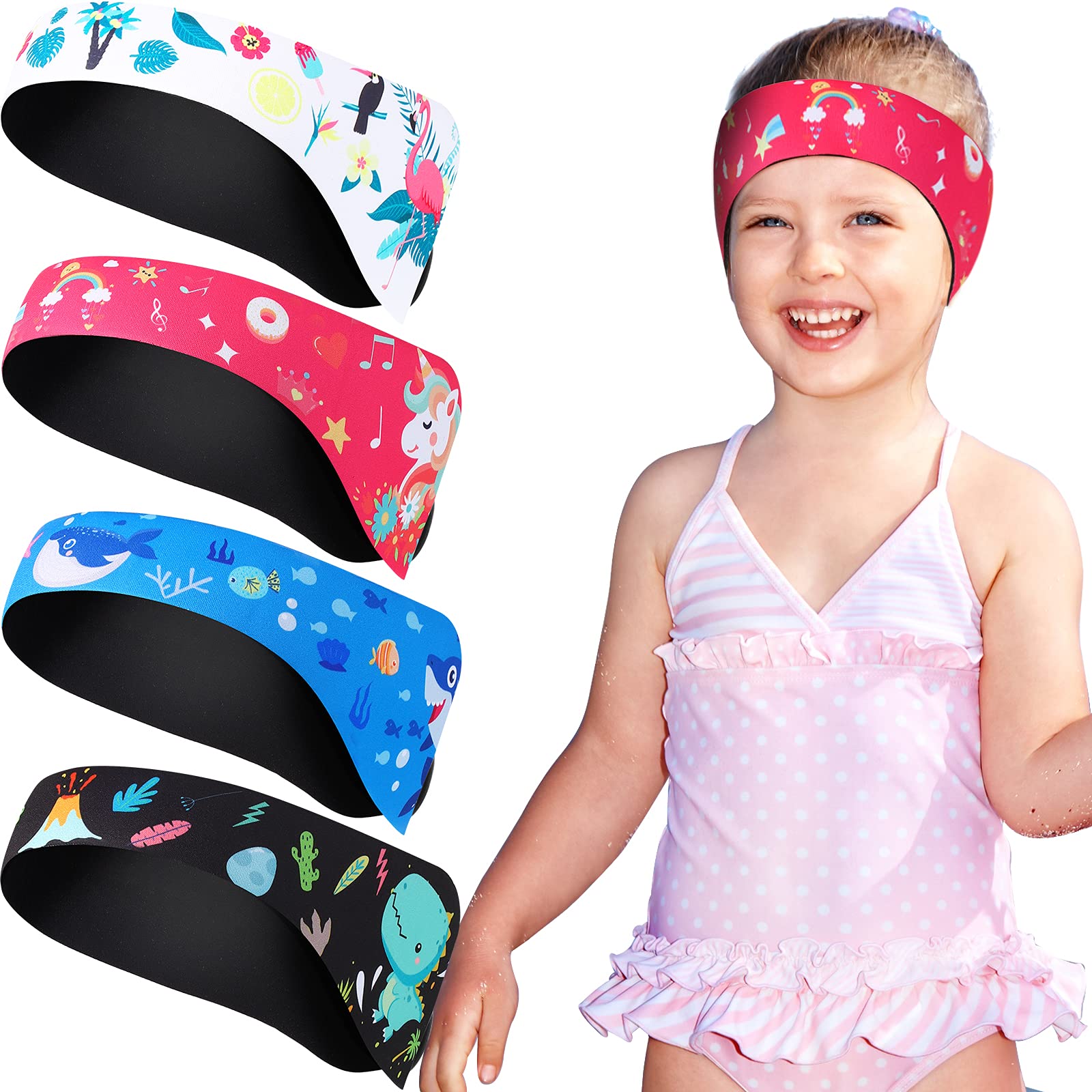 4 Pieces Swimming Ear Band Ear Protection Band Swim Cap Waterproof Adjustable Swim Headband for Kids Over 7 Years Old(White, Pink, Light Blue, Black)