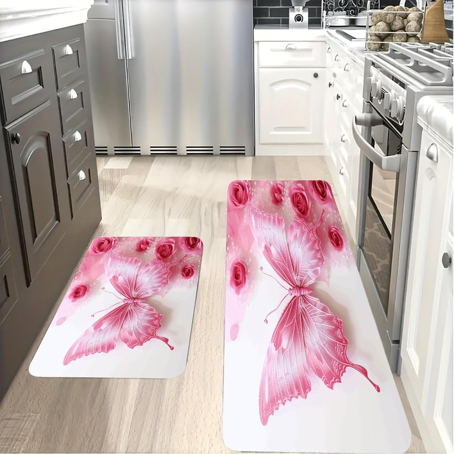 Pink and White Butterfly Kitchen Mat Washable Non Slip Rugs Soft Kitchen Mats for Floor Set of 2 PCS Cushioned Absorbent Runner Standing Rugs for Home Sink Laundry Office