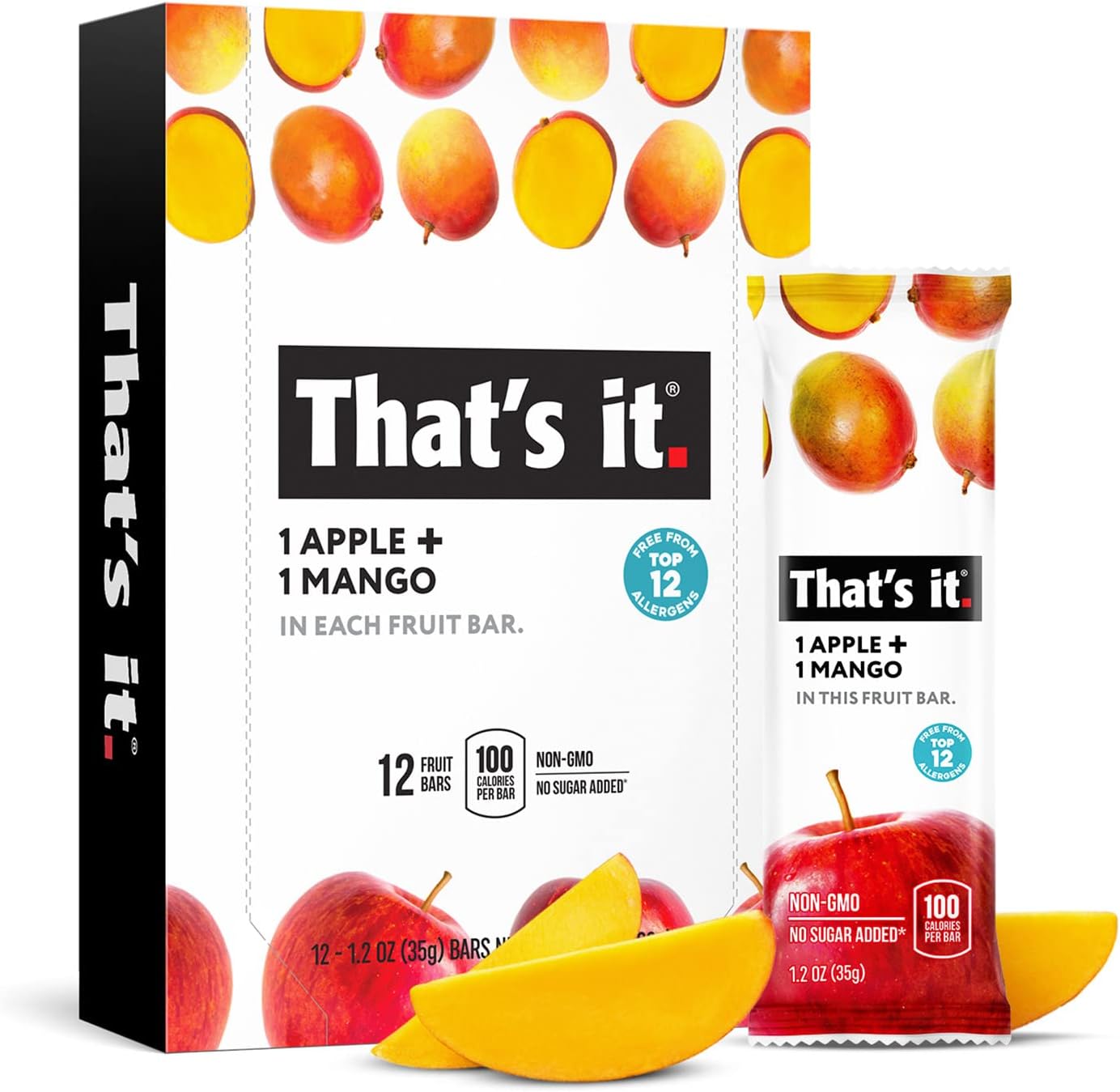 Apple + Mango 100% Natural Real Fruit Bar, Best High Fiber Vegan, Gluten Free Healthy Snack, Paleo for Children & Adults, Non GMO No Sugar Added, No Preservatives Energy Food (12 Pack)