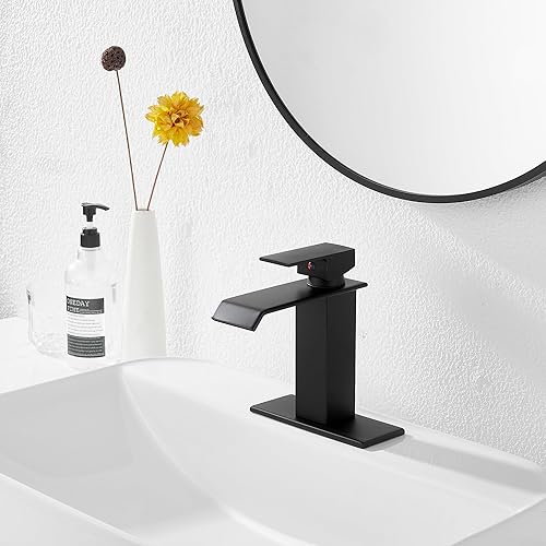 Miniatura 7 de GGStudy - Grifo de baño en cascada color negro mate para fregadero de baño, montaje en cubierta, manija única, 1 agujero, grifo de tocador de baño