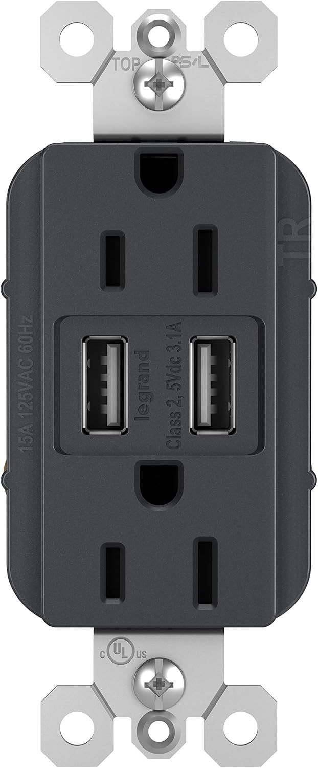 Legrand radiant TM826USBGCCV4 15 Amp Decorator Duplex Tamper Resistant Outlet Receptacle with 3.1A Type A USB Charger, Graphite (1 Count)