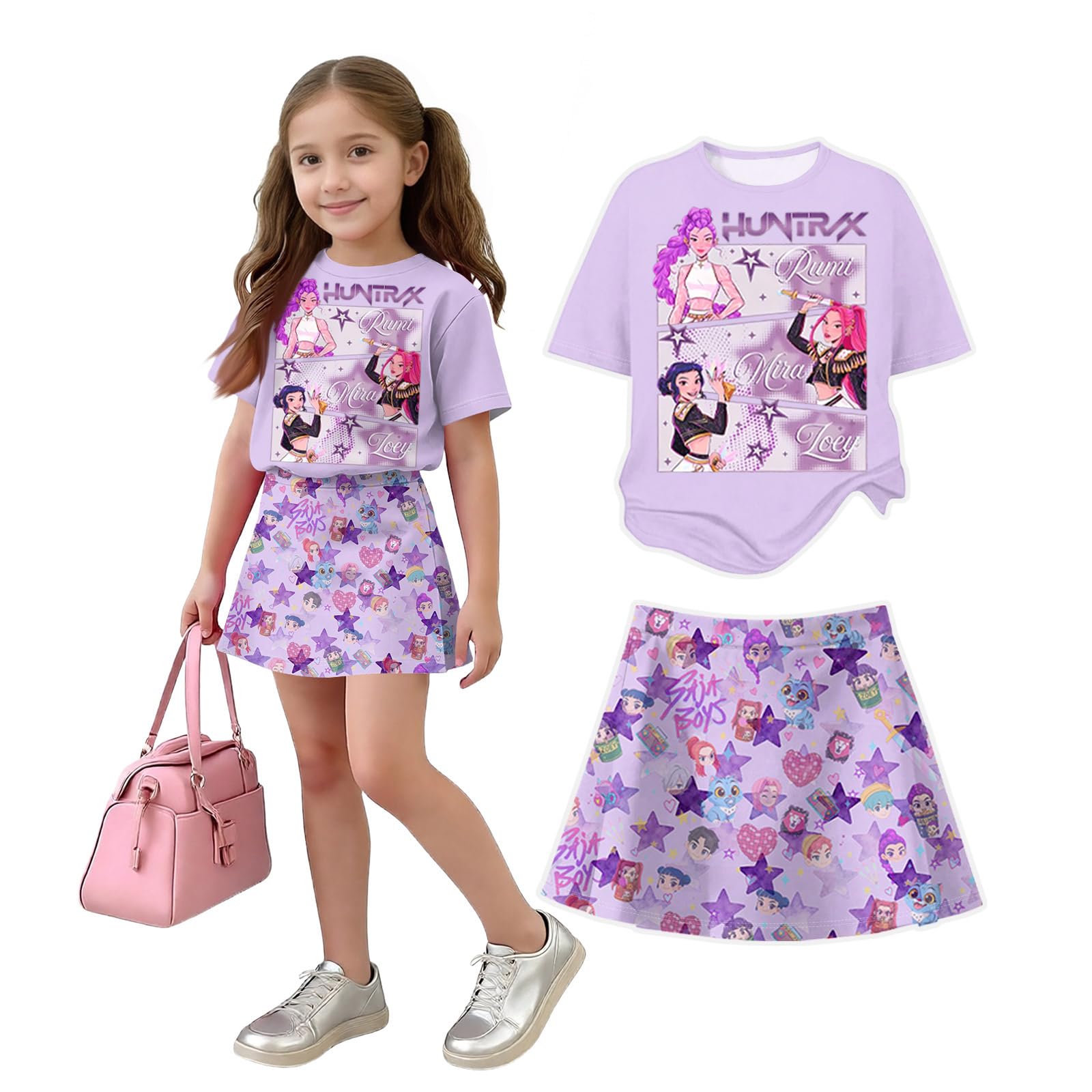 K Pop Short Sleeve T-Shirt and Skirts Outfits Set for Girls Hunters Girl's Anime Graphic Tees De-Mon Summer Sets — view 24