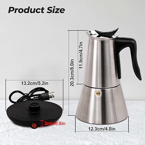Miniatura 2 de Olla eléctrica de acero inoxidable para 6 tazas, 10.1 fl oz, cafetera espresso con base desmontable, cafetera ideal para el hogar, cafetera italiana