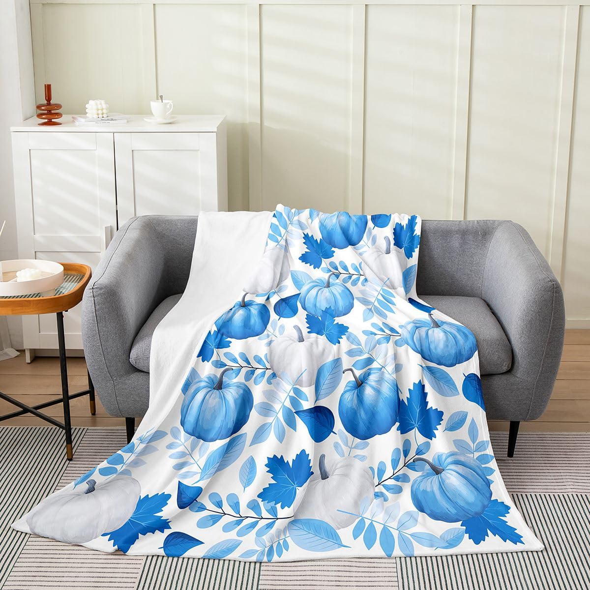 jejeloiu Fall Pumpkin Flannel Blanket Plush Fuzzy Rustic Fleece Throw Blanket Farmhouse Autumn Maple Leaves Plush Lightweight Sofa Throw Vintage Country Queen 90"x90" White Blue for Bed Couch Chair