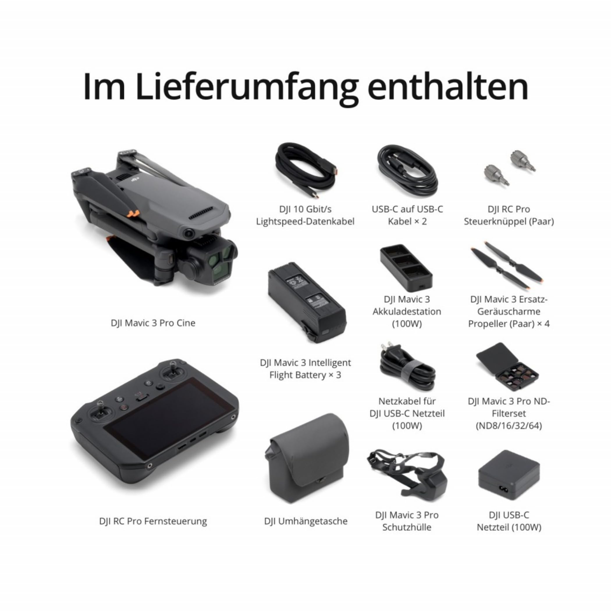 DJI Mavic 3 Pro Cine mit DJI RC Pro (leuchtstarter Bildschirm), Flaggschiff-Drohne mit Dreifachkamera, Apple ProRes Support für 3 Kameras und 1 TB Speicher, drei Intelligent Flight Batteries und mehr