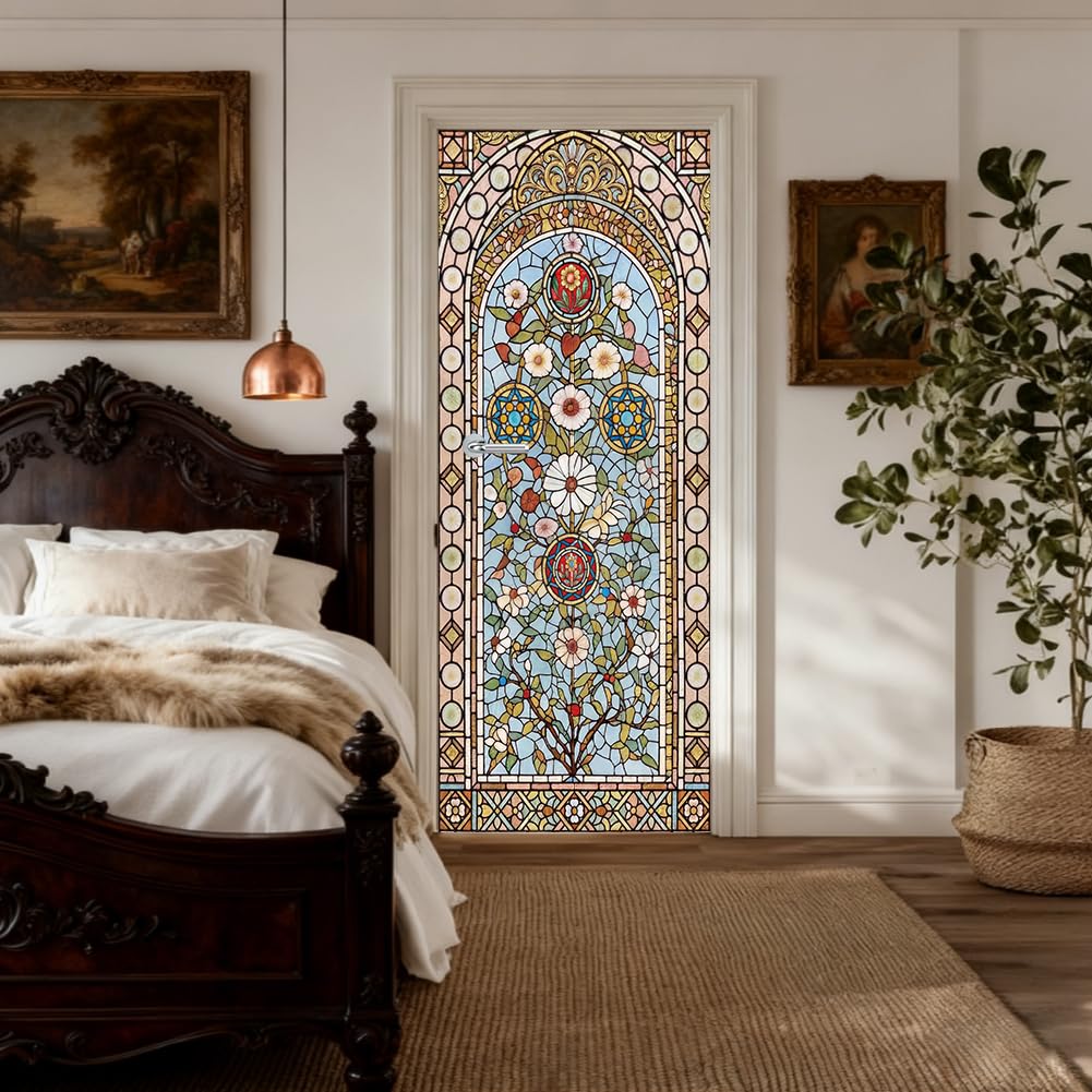 PRESSINART Door Stickers Peel and Stick Stain Glass 30.3 x 78.7 Inch, Floral Door Wallpaper Murals PVC Self Adhesive Removable Decorative Decals for Bedrooms Living Room Home Office Decorations