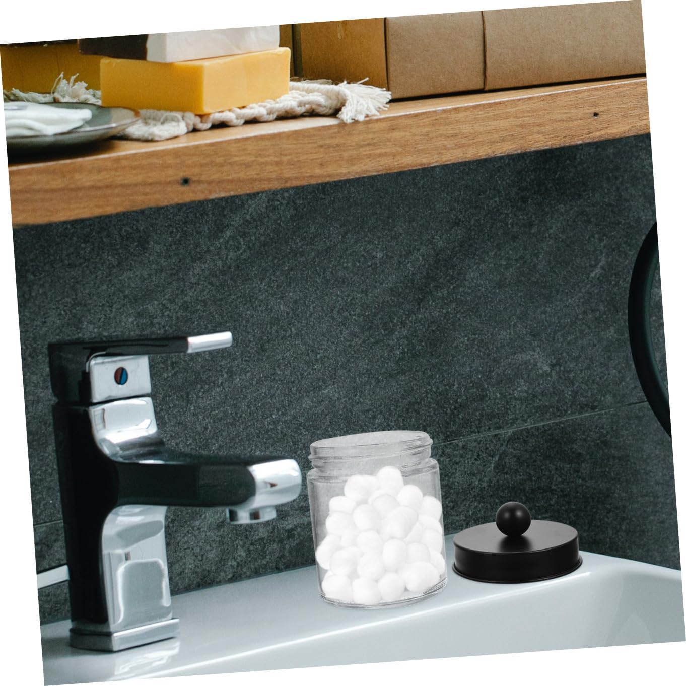 Glass Cotton Swab and Cotton Pad Holder Jars with Black Stainless Steel Lid, 3pcs Straight Cylinder Storage Canisters for Bathroom and Vanity Organization