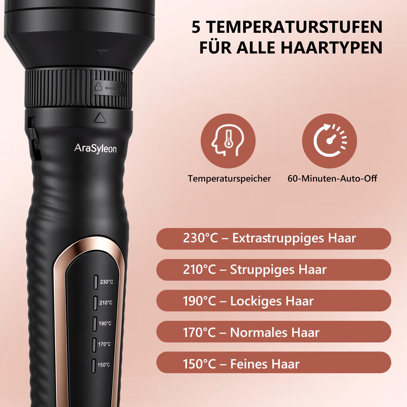 3-in-1 Ionen-Wärmebürste Set (32/38/45mm), Doppelspannung | Thermobürste Rundbürste mit 5 Temperatureinstellungen (150°C–230°C), inkl. Tasche und Hitzeschutzhandschuh