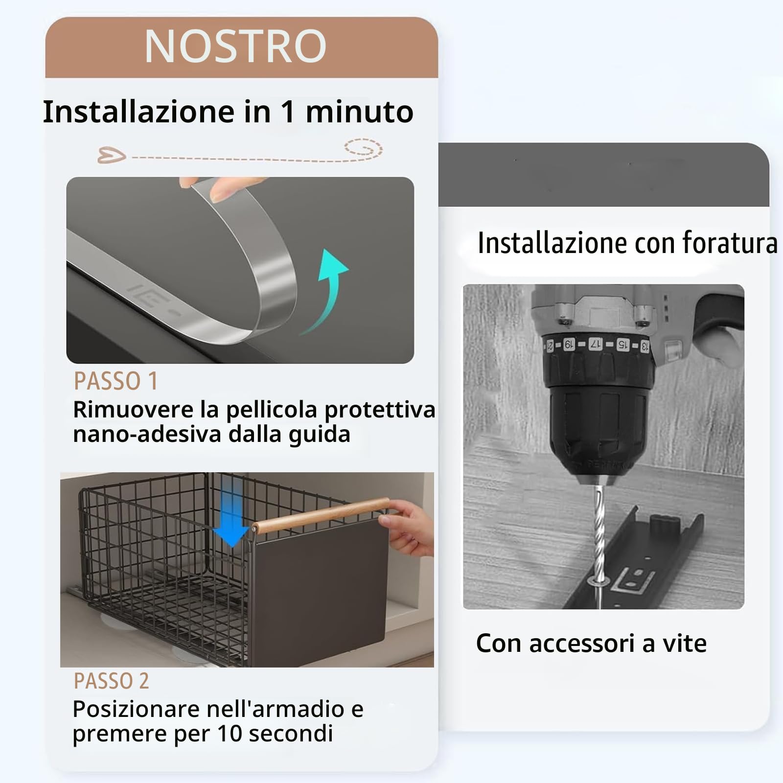 2 cassetti estraibili da cucina, cassetto telescopico, organizer per cassetti più profondi, con guide per cassetti e manico in legno, per mobili da cucina, senza forature (nero)