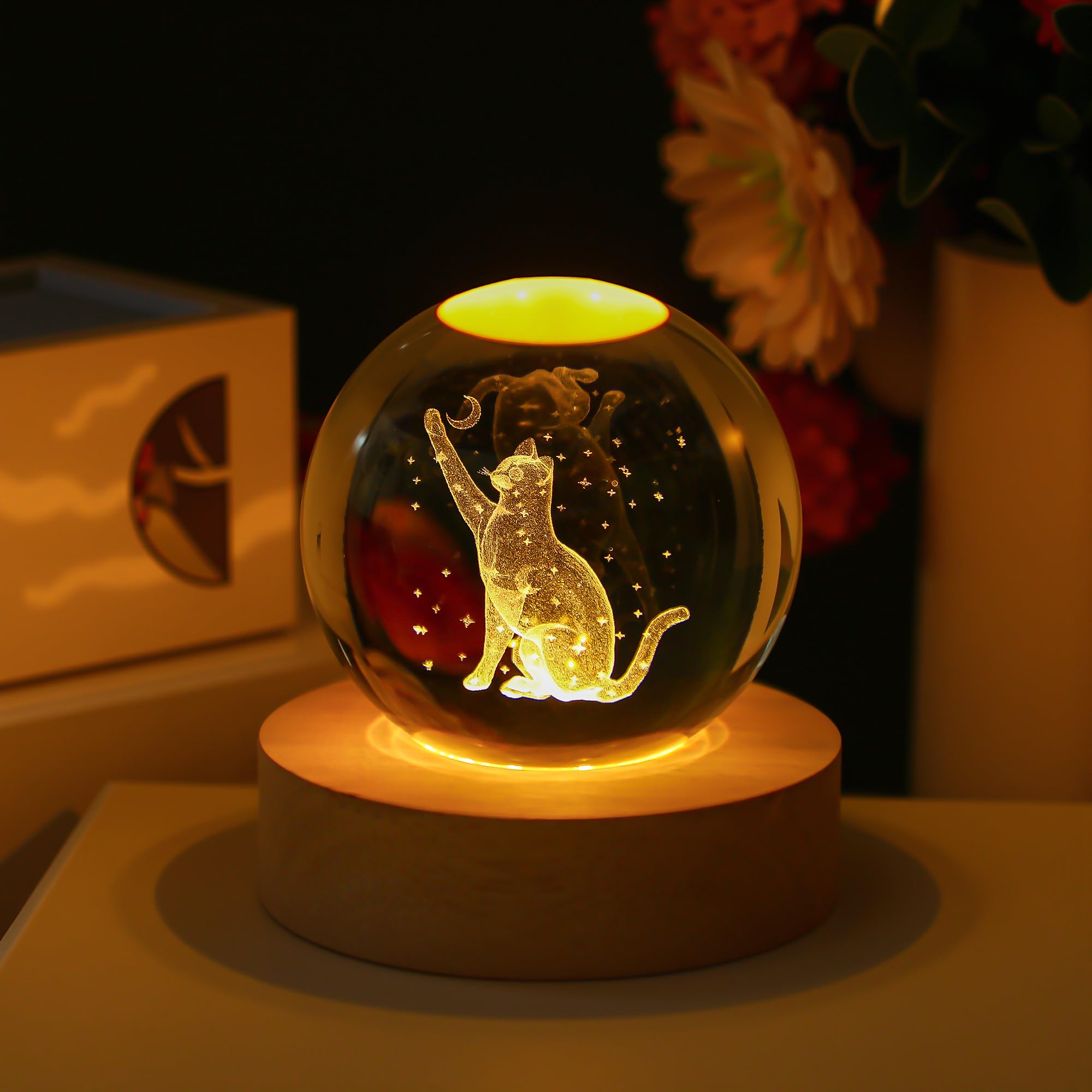 3D Laser Engraved Crystal Ball Night Light Decor for Cat Lovers 2.3in Glass Engraved Cat & Moon Ball with Wooden Base