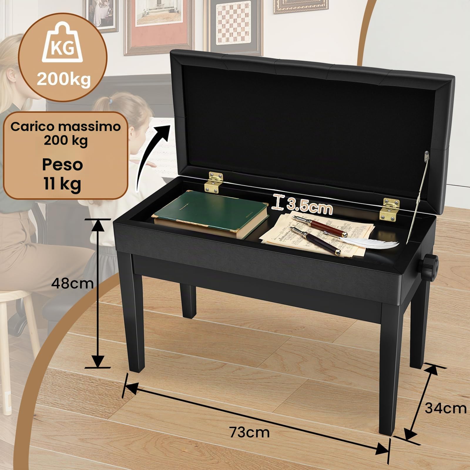 Clevich Sgabello per Pianoforte, Regolabile in Altezza, Panca Pianoforte con Cuscino in Pelle PU, Sedia per Pianoforte Heavy Duty, Portata Fino a 200 KG, Nero
