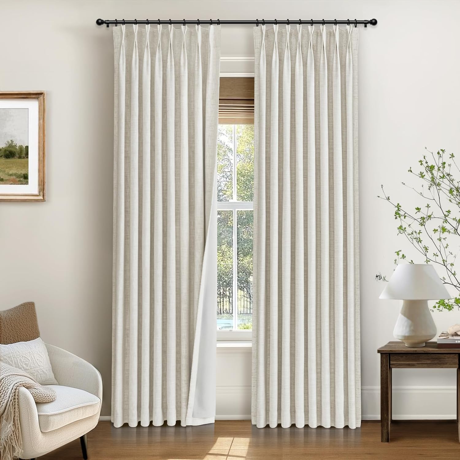 inovaday pinch pleated curtains, 100% light blocking linen pinch pleat blackout curtains for bedroom, thermal insulated blackout drapes 2 panels set for living room - ivory on natural, w40 x l102 ivory on natural 40"w x 102"l (pack of 2)