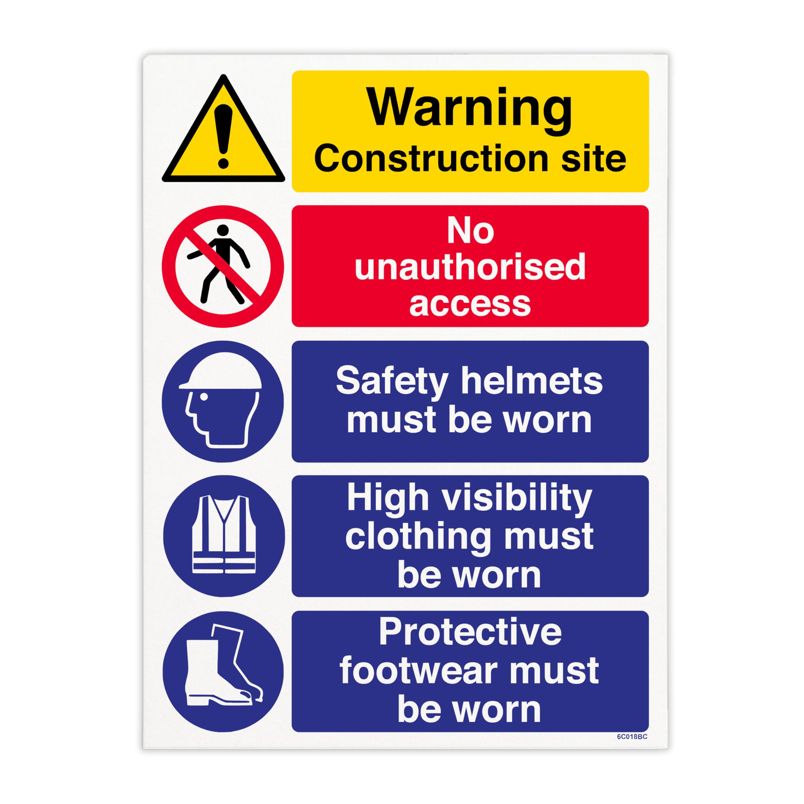 V Safety Construction Site Multi-Message Sign – Warning, No Unauthorised Access, Helmets, Hi-Vis, Protective Footwear PPE Safety Sign - 300 x 400 mm - Self-Adhesive Monomeric Vinyl