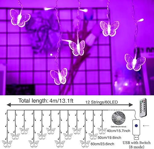 Miniatura 4 de GONIMY Cortina de luces de mariposa de 60 luces LED de 13.1 pies alimentadas por USB, 8 modos de control remoto, impermeables, luces parpadeantes