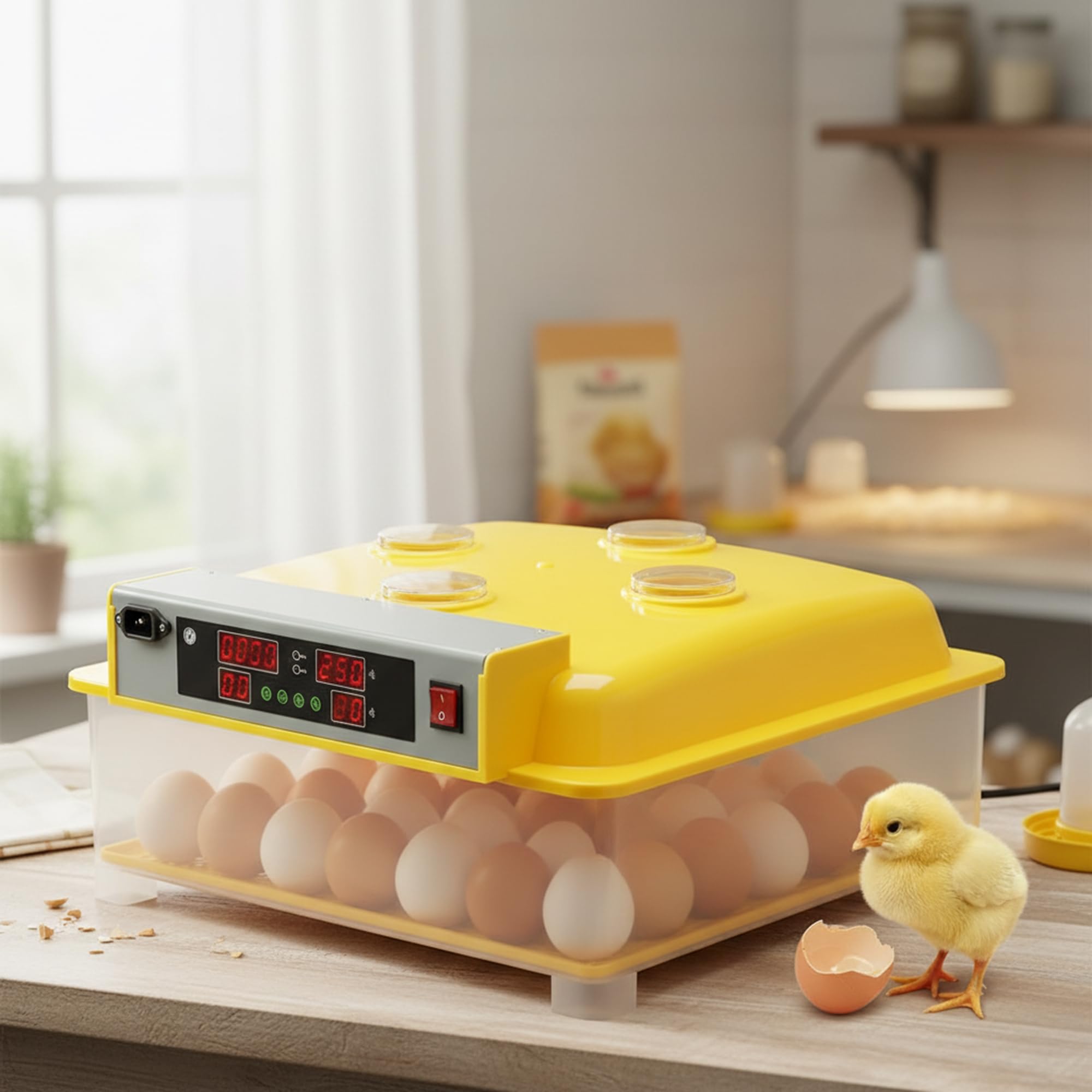 Mucola Brutautomat Brutmaschine vollautomatisch 48 Eier Inkubator Gelb | Automatische Wendung und Temperaturregelung, Anzeige für Luftfeuchtigkeit und Brutzeit, inkl. Schierlampe, für Hühner, Enten