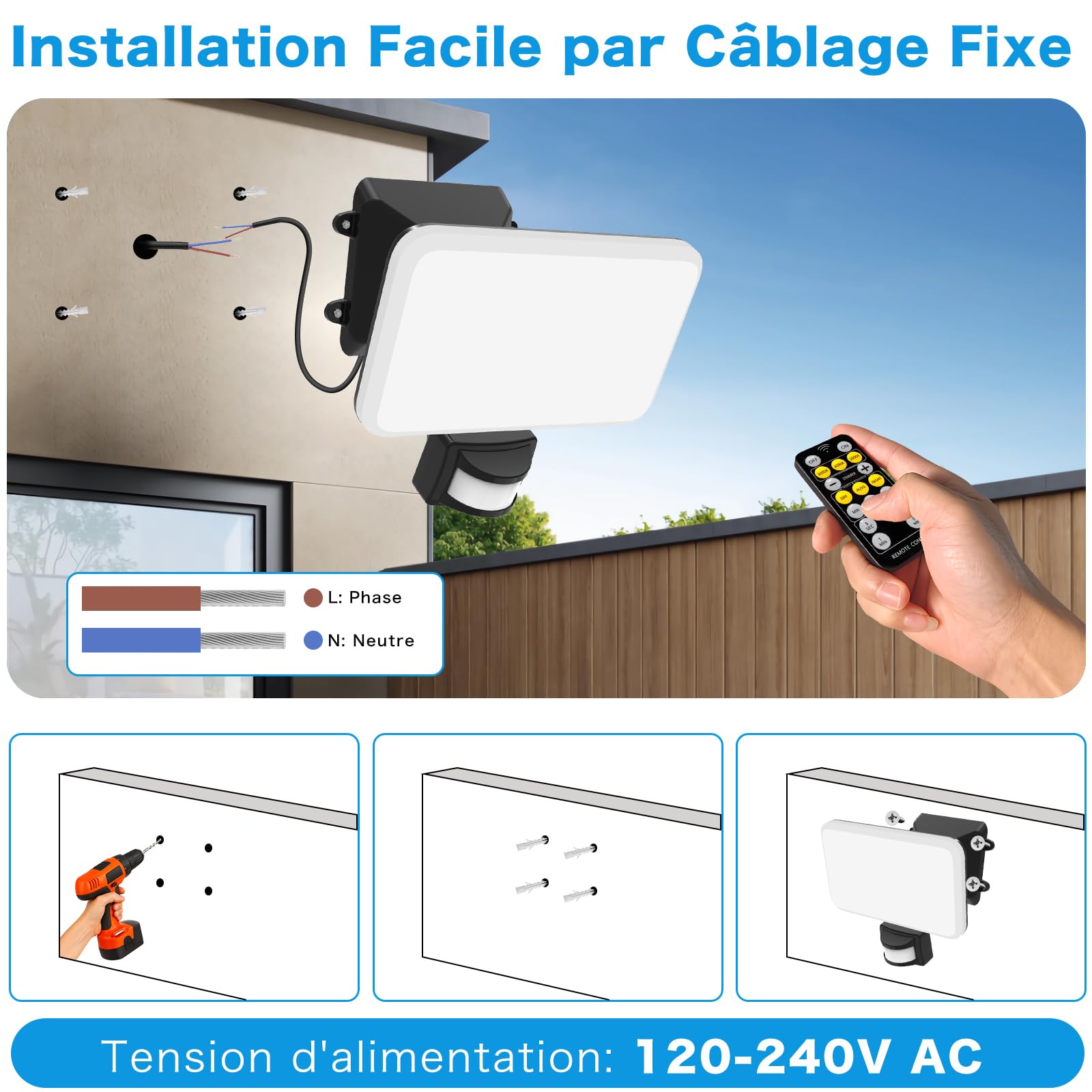 Projecteur LED Extérieur avec Détecteur et Télécommande 30W, Eclairage Exterieur 3600LM avec 132 Leds, Spot Led 3 Couleur & 4 Modes, Étanche IP65 Lampe de Sécurité pour Jardin, Cour, Garage