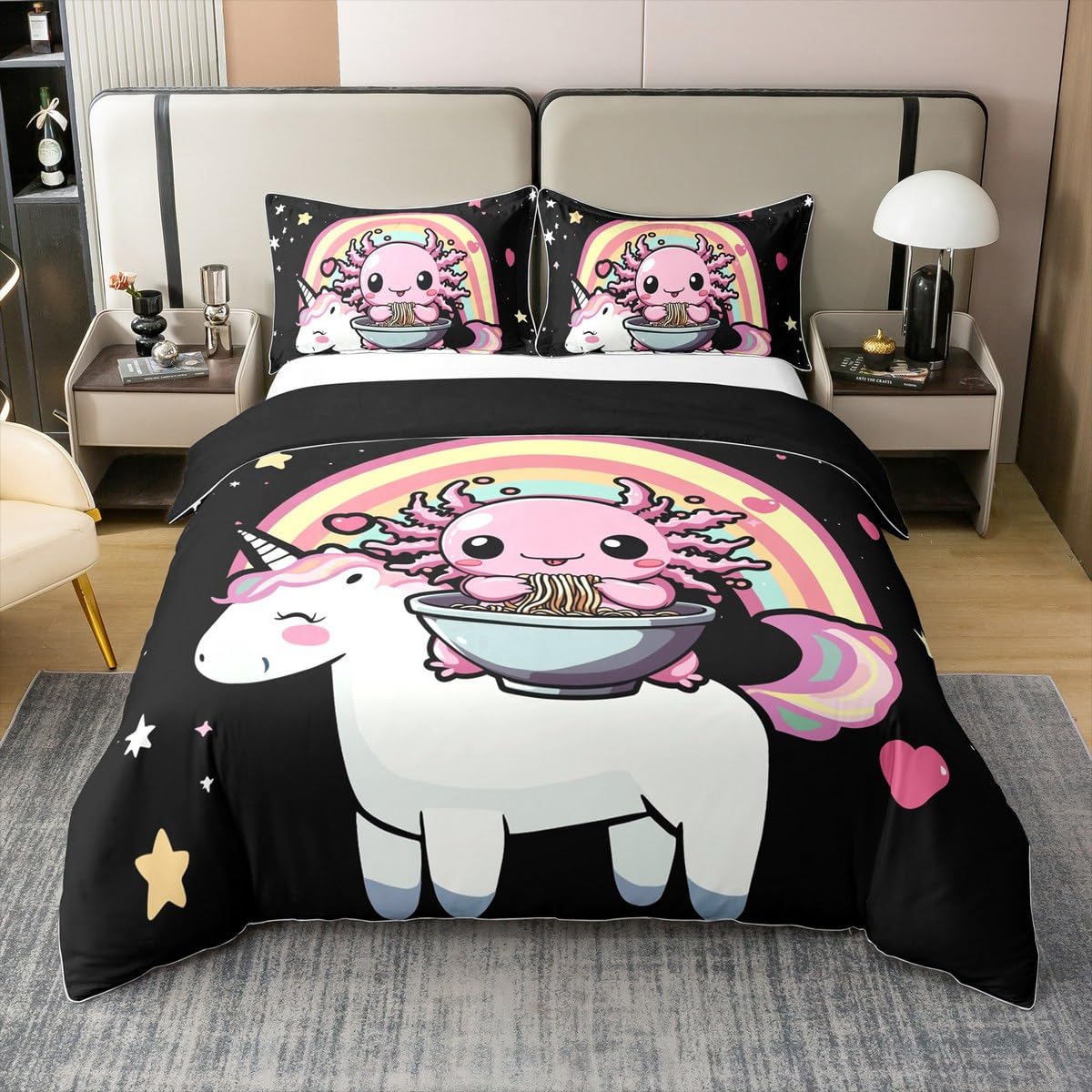 Homewish Gradient Regenbogen Axolotl Baumwolle Bettwäsche 135x200 Kinder,Niedlich Cartoon Einhorn Bettbezug für Mädchen Jungen Teenager,Dampfende Nudeln Kleine Sterne Liebedeko Ästhetische Bett Set