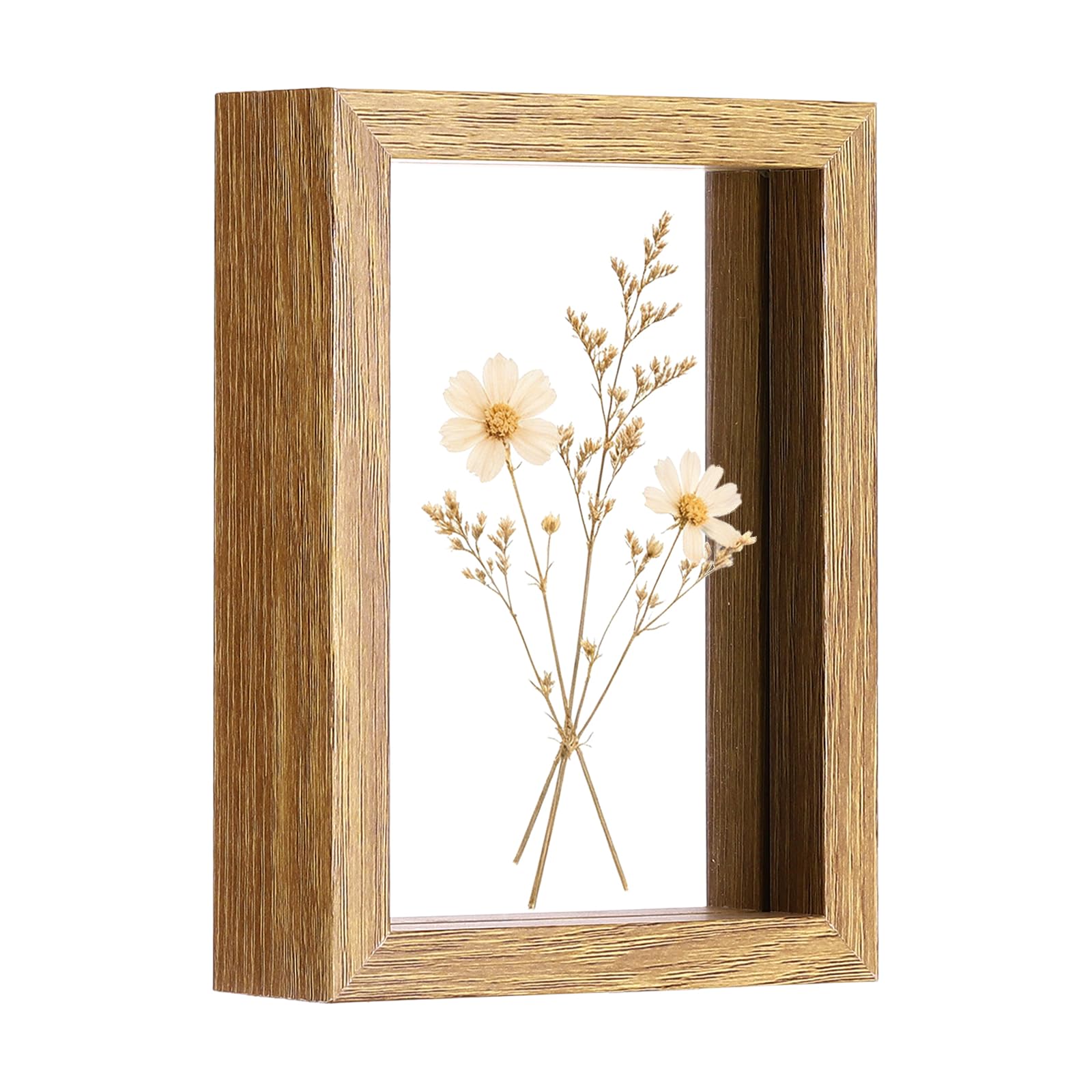 sourcing map Floating Picture Frame 9x13cm, Double Glass Pressed Flower Photo Frame with Wooden Border, Tabletop Display for Photos Postcards Home Decor Gift, Natural Wood Color