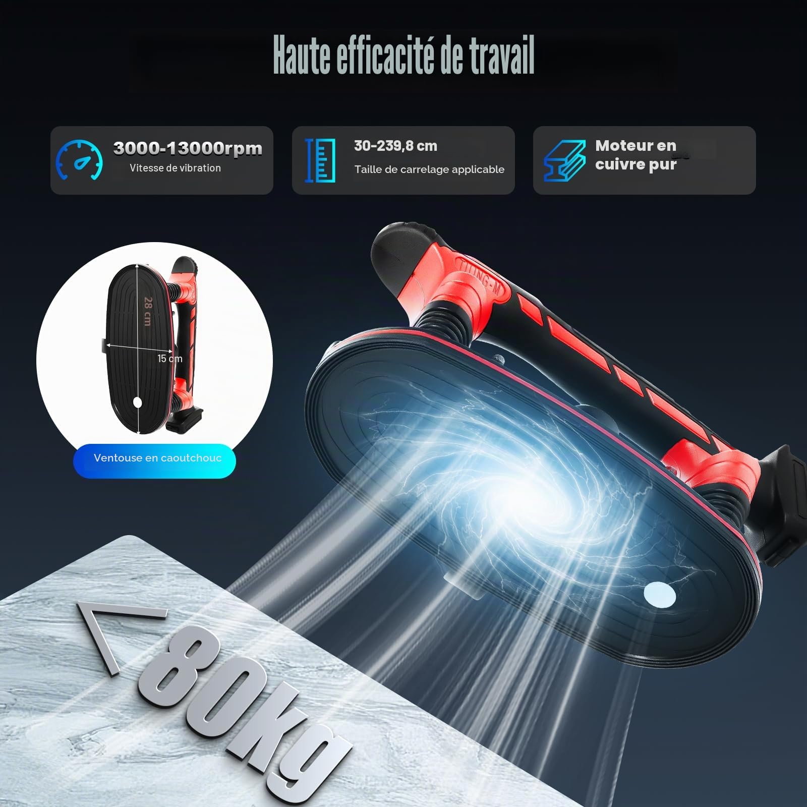Outil de vibration pour carrelage avec ventouse électrique à 6 vitesses réglables pour granit, verre, carrelage, porcelaine