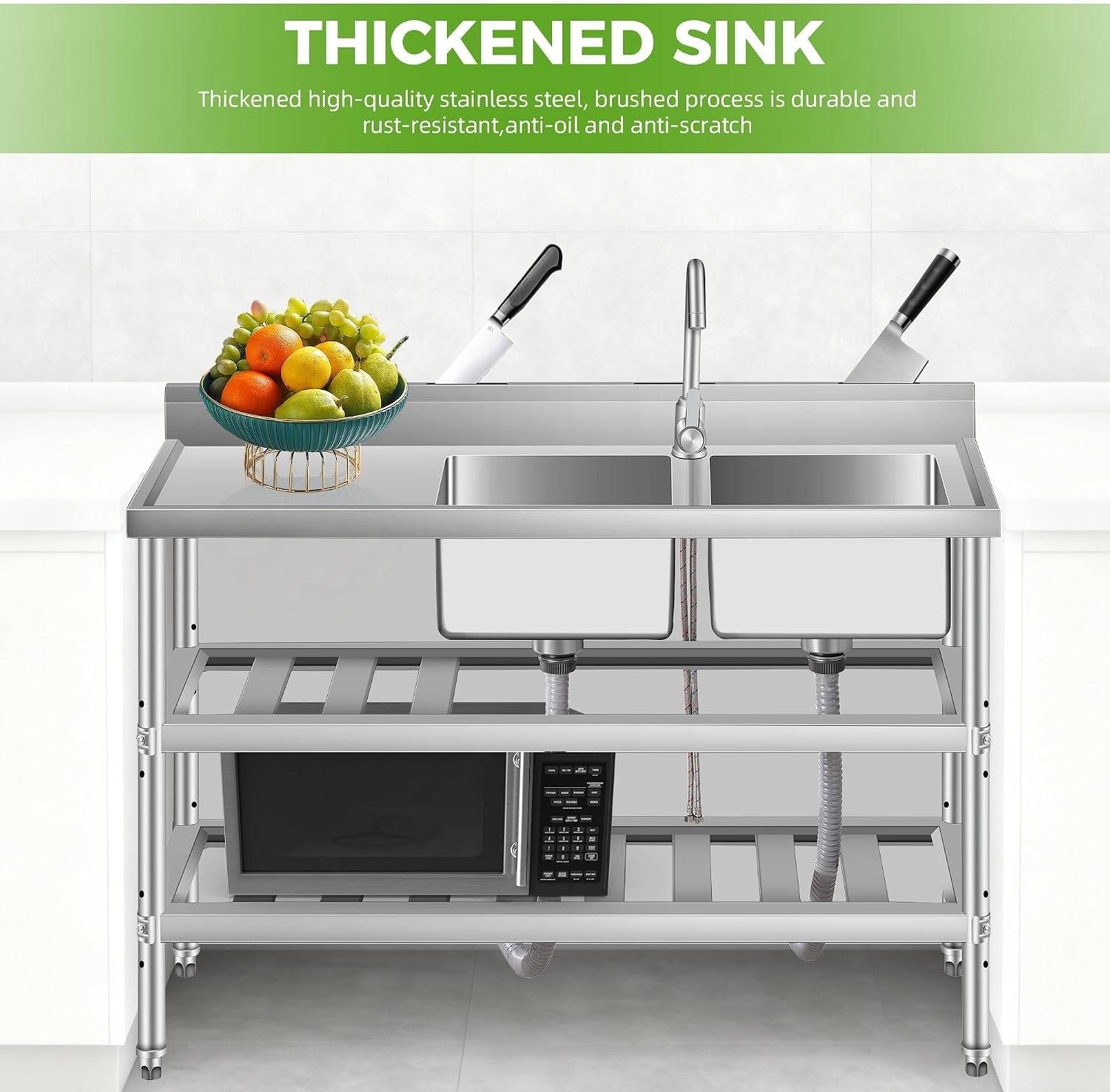 Stainless Steel Utility Sink with Faucet & Workbench, Commercial Freestanding Double Bowl Sink with Hot & Cold Water Pipes, Storage Shelf for Restaurant, Kitchen, Garage, Laundry, Outdoor (47in)