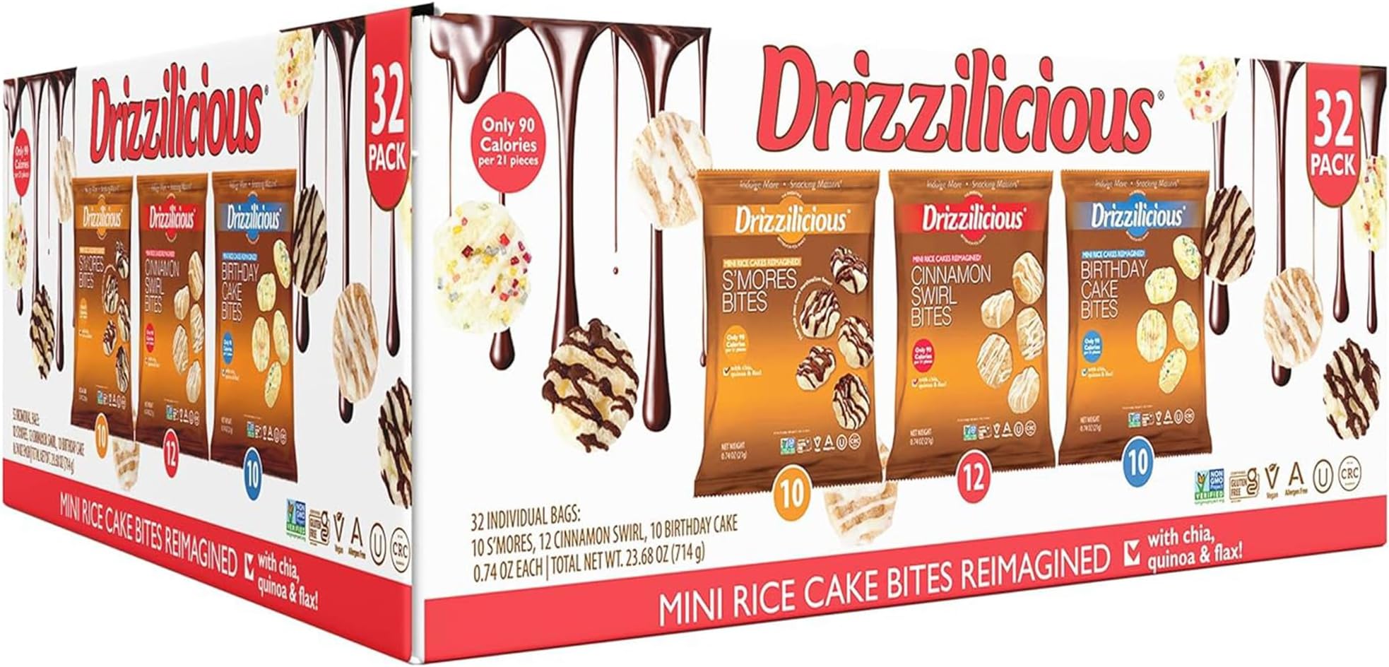 Mini Rice Cakes Variety Pack - Rice Crisps, Healthy Snack for Adults and Kids, Flavored Rice Cakes, Vegan, Gluten Free, Allergen Free, Only 90 Calories Per Bag - .74 oz (Pack of 32)