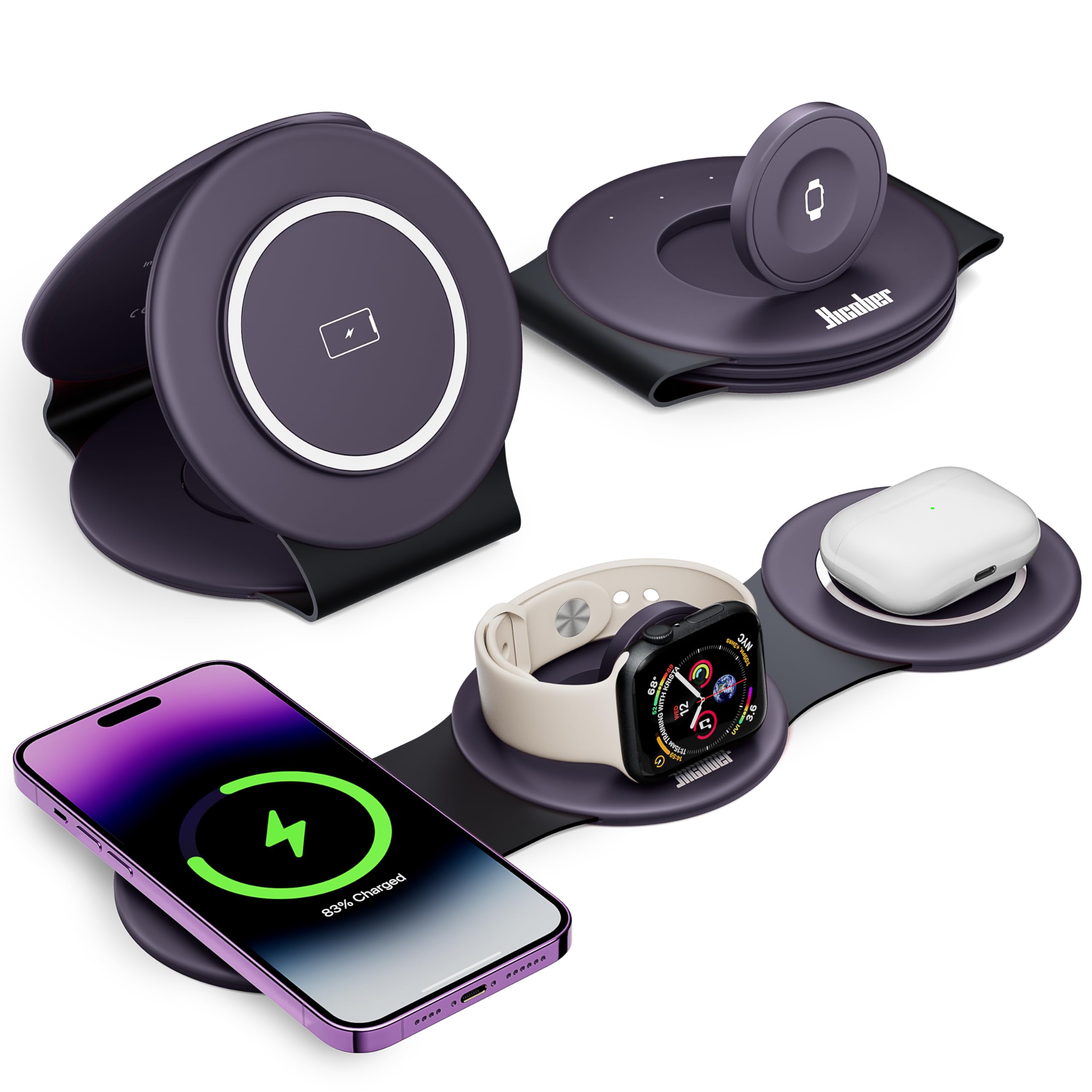 Hicober 3 in 1 Charging Station for Apple Multiple Devices Foldable Travel Wireless Charger 18W for iPhone Air