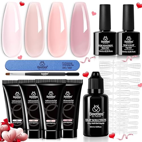 Miniatura 68 de Beetles - Kit de gel de extensión de uñas de polietileno con luz UV: juego de 6 colores de gel constructor rosa con purpurina blanca con capa base
