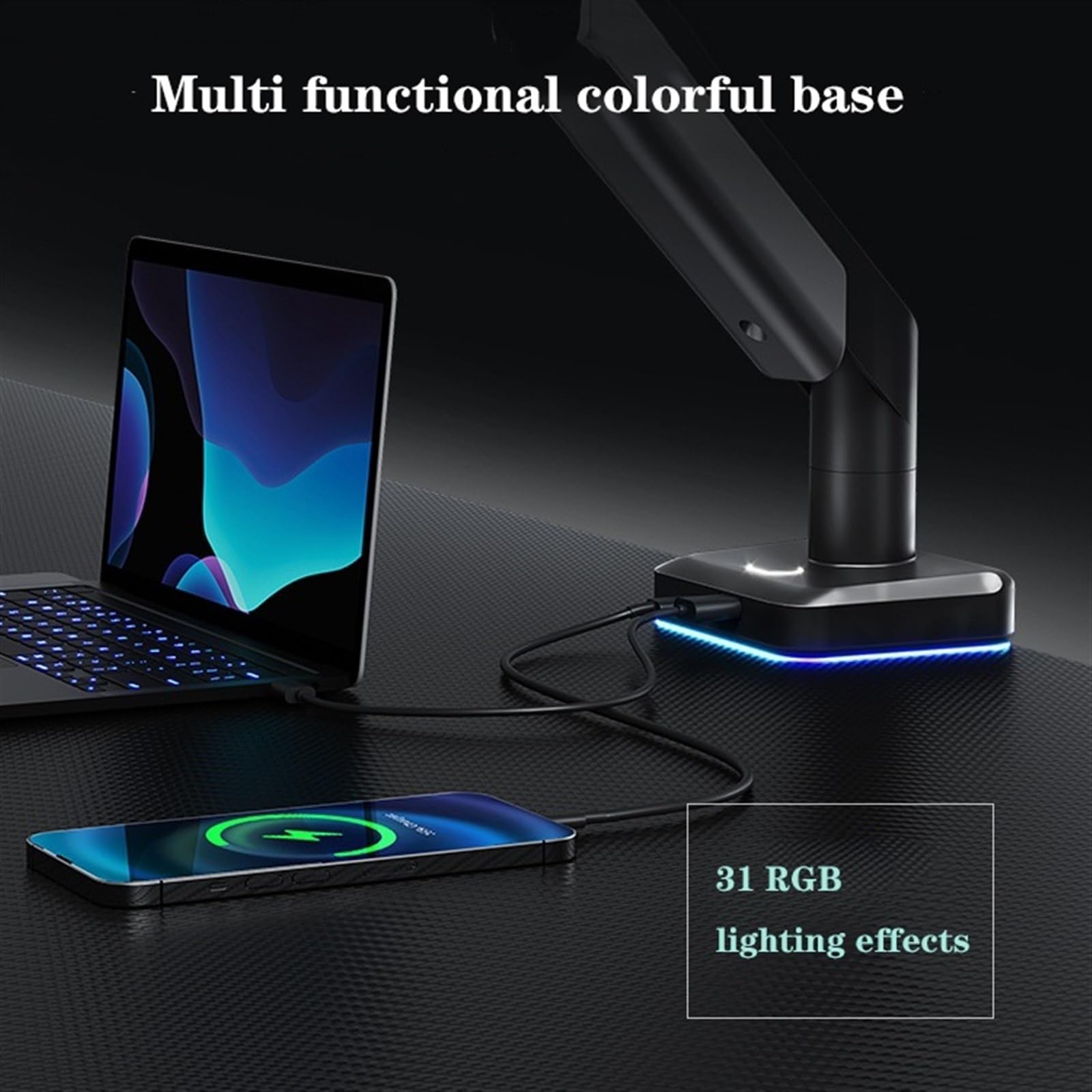 Supporto per monitor singolo, supporta schermi da 17 a 42 pollici e 15 kg, supporto regolabile con molla a gas con 31 modalità di illuminazione RGB e porta USB, morsetto a C e scrivania per monitor