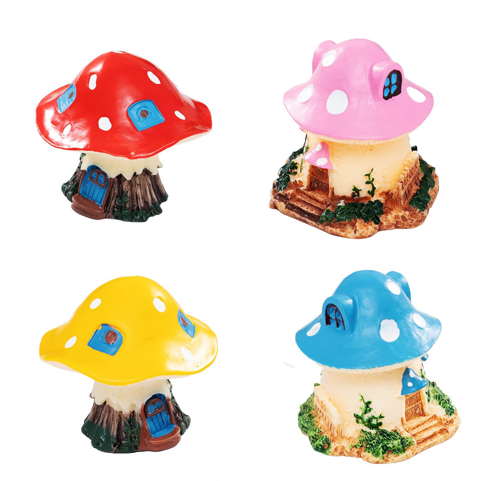Terrarium Mushroom House Decor Resin Figurines Set of 4, Mixed Color Fairy Cottage Ornaments for Garden and Desktop Scenes Display Cake Toppers Mushroom House Figurines Fairy Garden Decor Cottage