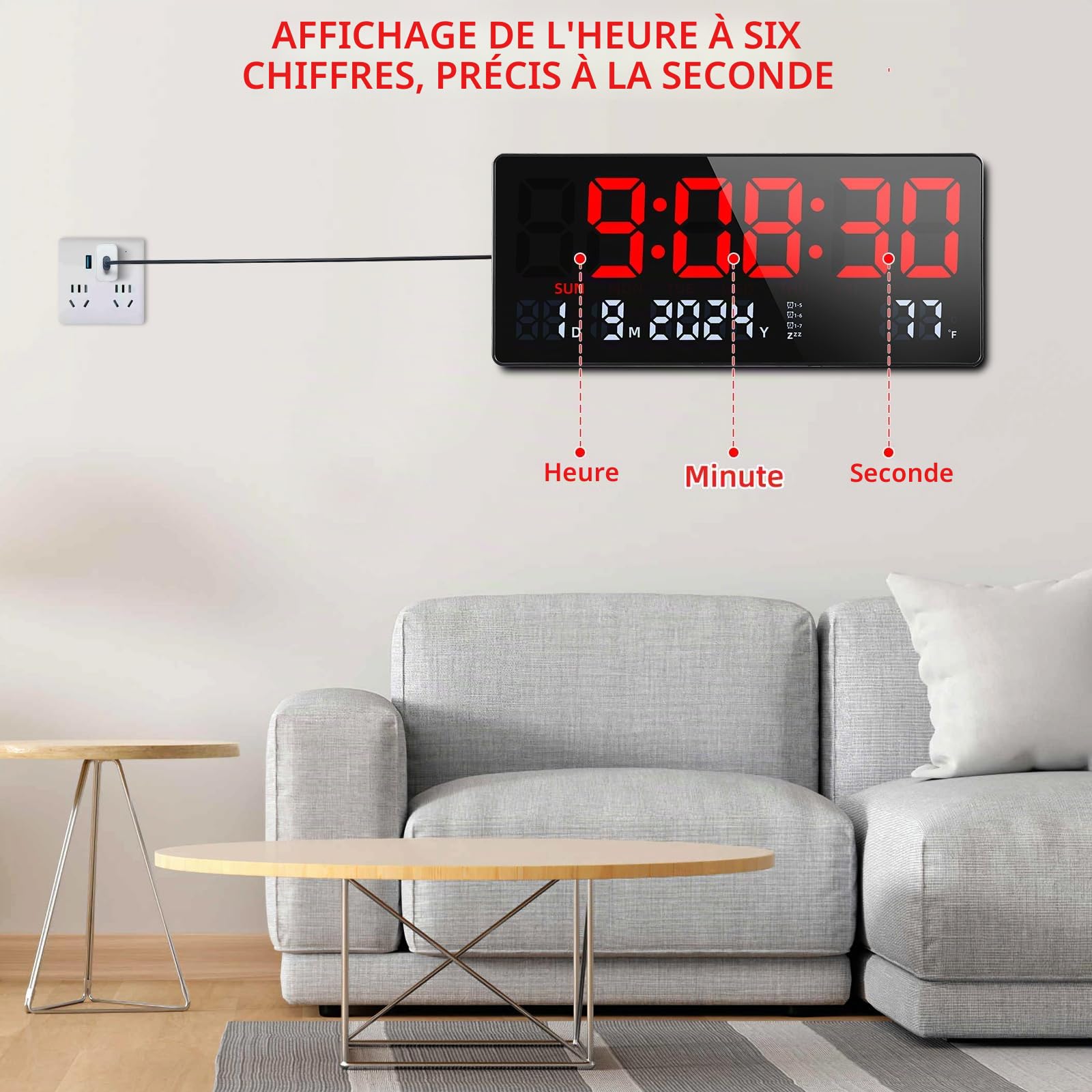 Fuloon Horloge Murale Numérique Réveil Grand écran LED Horloge numérique avec Télécommande Date Semaine Température pour Salon Cuisine Garage Bureau et Salle de Classe (Rouge)