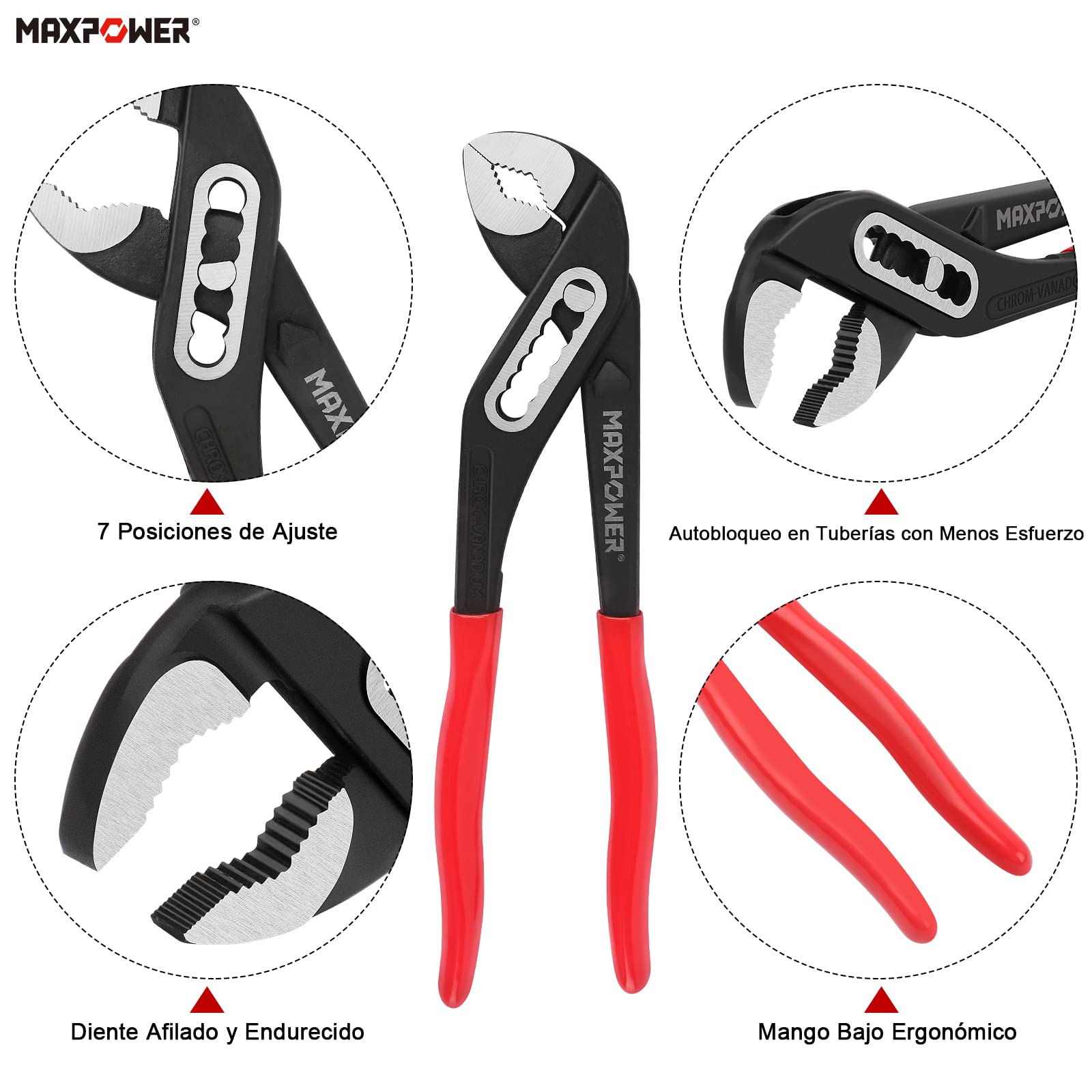 MAXPOWER 250mm Alicates Extensibles, Lengüeta y Ranura con Botón de Ajuste Rápido/Alicate de Pico Loro Ajustable/Tenaza Para Bomba de Agua Industriales de Apertura Múltiple
