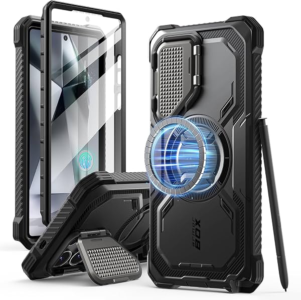 Funda i-Blason para Galaxy S25 Ultra con MagSafe, tapa para cámara y soporte, negra | Protección total con protector de pantalla y pie de apoyo, compatible con carga inalámbrica, protección de grado militar para hombres, Armorbox