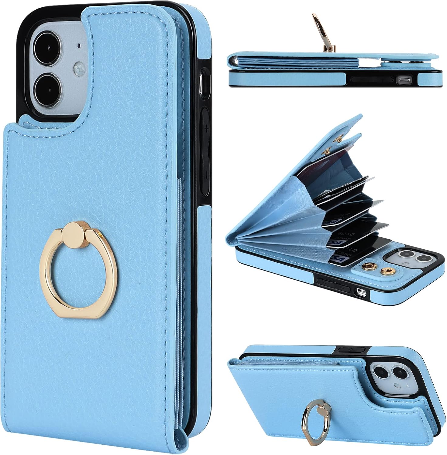 Folosu Compatible with iPhone 12 Mini Case Wallet with Card Holder, 360°Rotation Finger Ring Holder Kickstand Protective RFID Blocking PU Leather Double Buttons Flip Shockproof Cover 5.4 Inch Blue