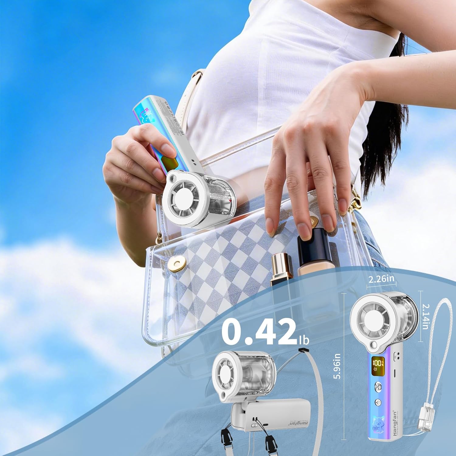 portable spray handheld fan [19H maximum cooling time], 3000mAh USB rechargeable spray fan, 100 gear adjustable, mini fan, suitable for travel/shopping/makeup - summer female gift -White