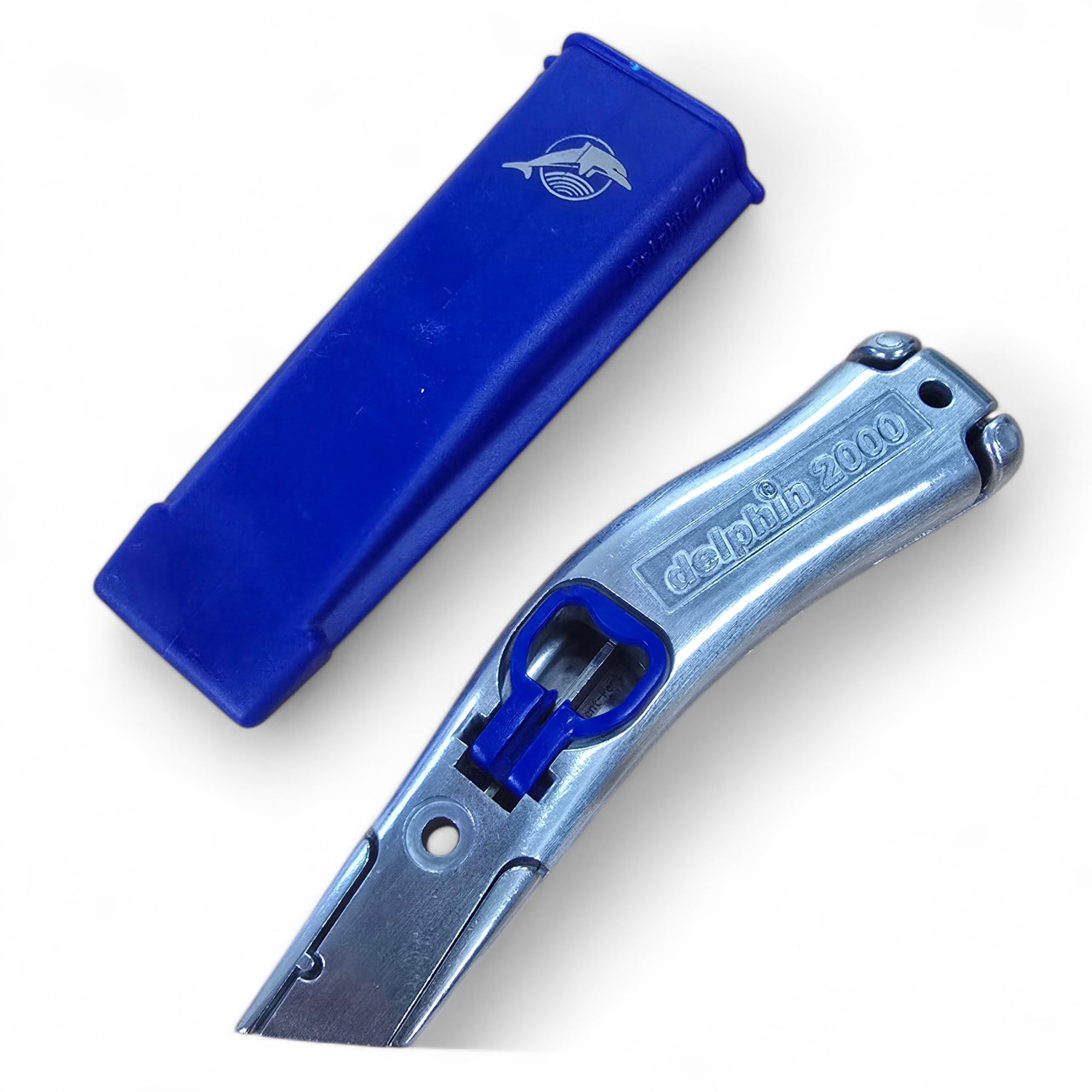 Dolphin 2000 - Mango de cuchillo de corte de alfombras de liberación rápida azul con funda, ajuste de alfombras, recorte de trabajo, sin cuchillas PTL®