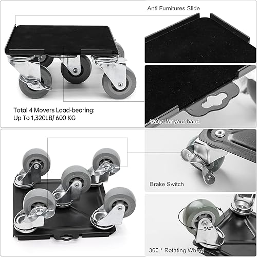 Miniatura 2 de 5 ruedas pesadas para muebles con rotación de 360, 2 frenos, mezcla de acero al carbono de 6.5 x 6.5 pulgadas, mezcla de hasta 3747 libras3,747.9